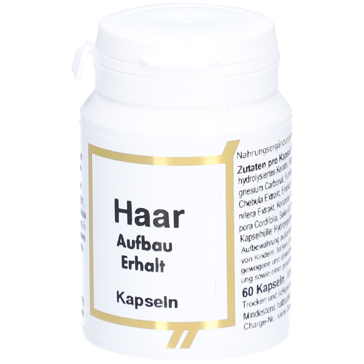 Weiße Kapsel-Dose mit Aufschrift 'Haar Aufbau Erhalt Kapseln'. Enthält 60 Kapseln.