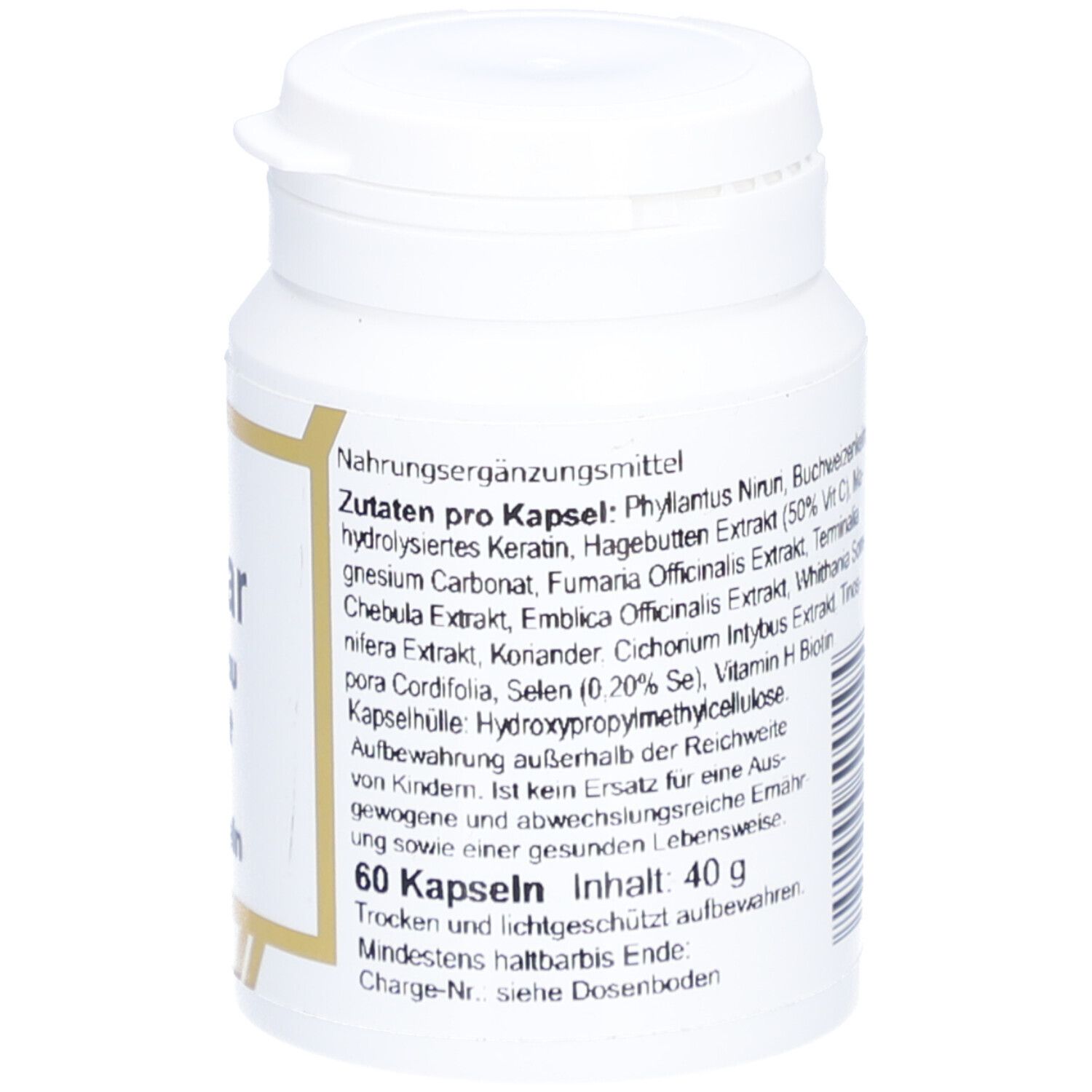 Weiße Kapsel-Dose mit Text. Enthält 60 Kapseln, Inhalt 40g. Aufschrift 'HAAR Aufbau, Erhalt'.