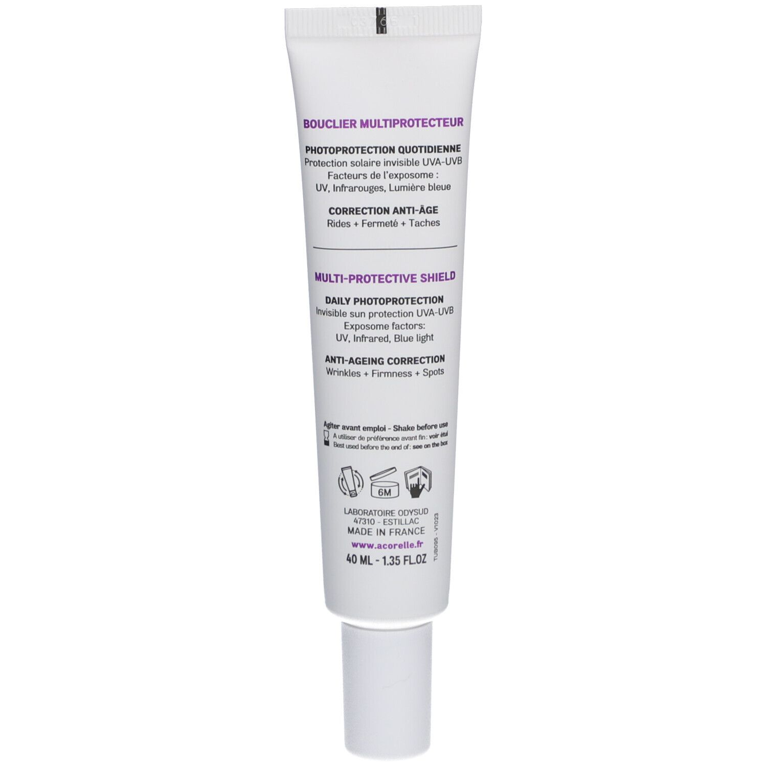 Rückseite der Tube mit Produktinformationen. Text in Französisch und Englisch. 40 ml.
