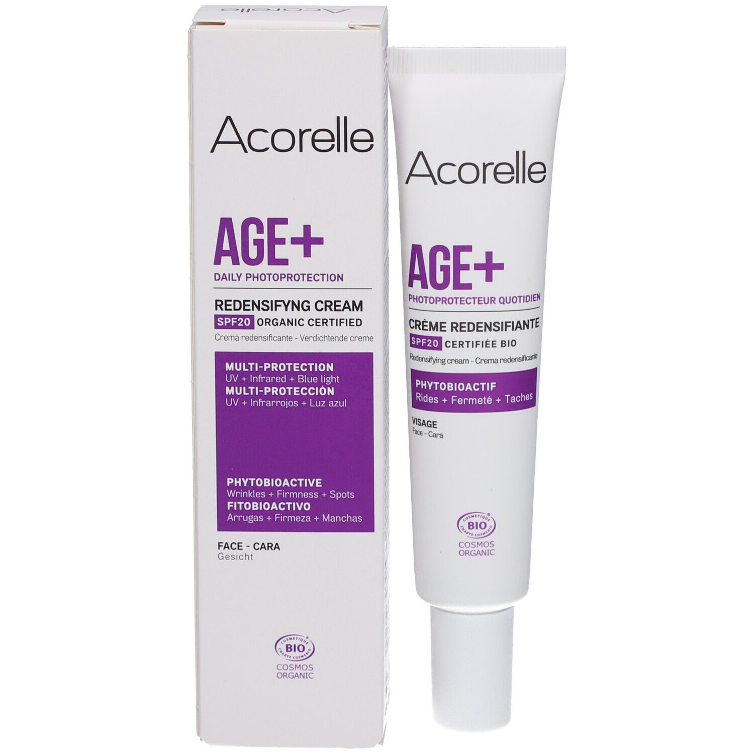 Produktverpackung mit Tube. Weiße Schachtel und Tube mit Aufschrift Acorelle, AGE+ und Creme Redensifiante.