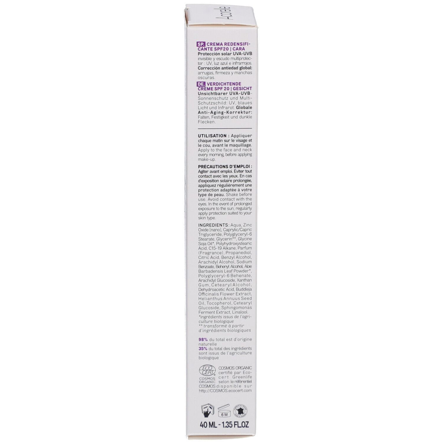 Seite der Produktverpackung. Text in mehreren Sprachen. Inhaltsstoffe und Anwendung.
