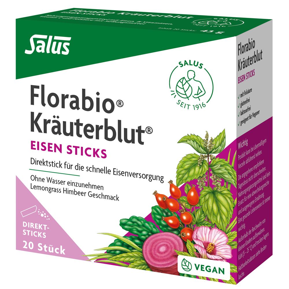 Packung Florabio Kräuterblut Eisen Sticks. Enthält 20 Sticks. Mit Kräutern, Vegan-Siegel und Salus-Logo.