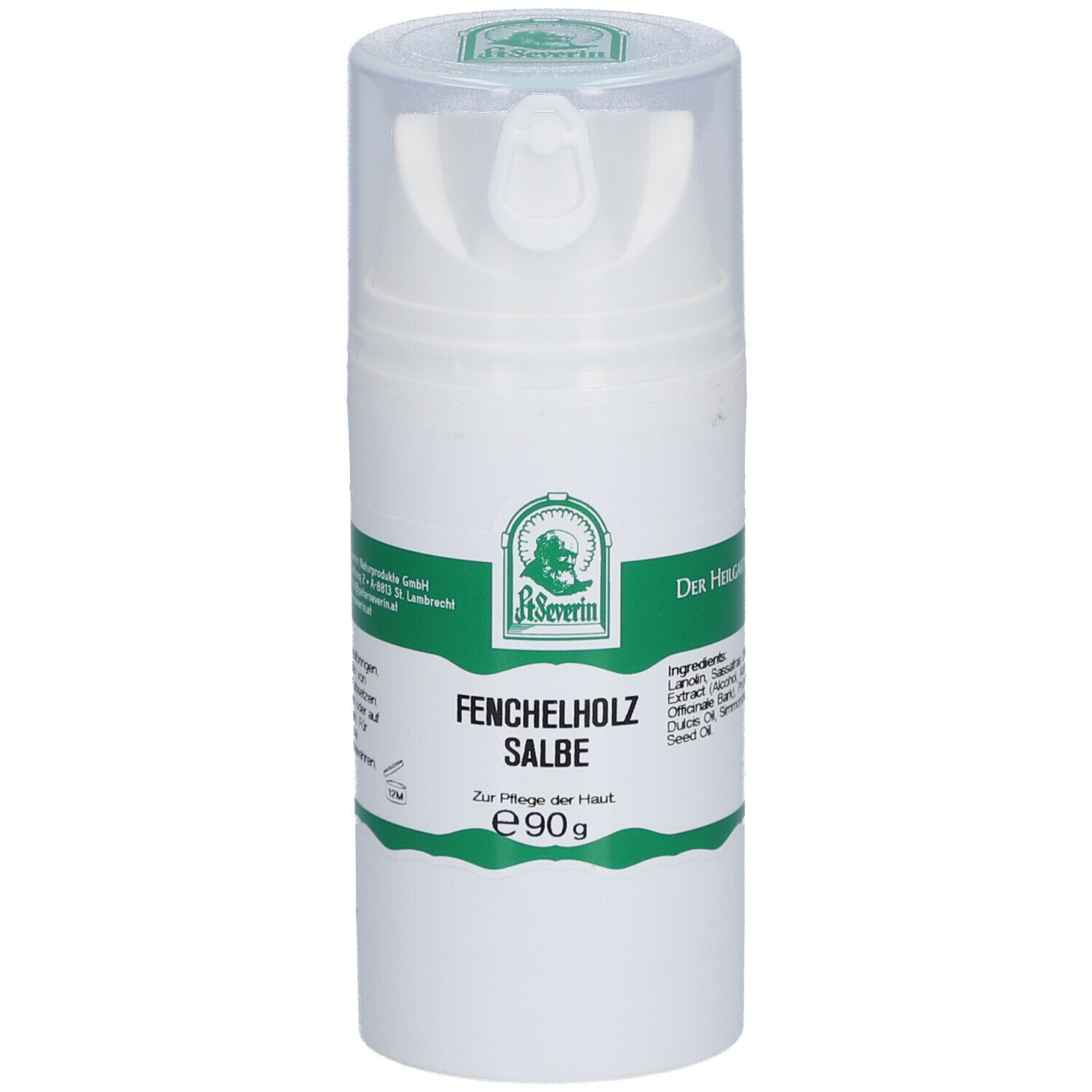 Flacon blanc avec étiquette verte. Inscription: Fenchelholz Salbe, e90g. Avec tête de dosage et bouchon transparent.