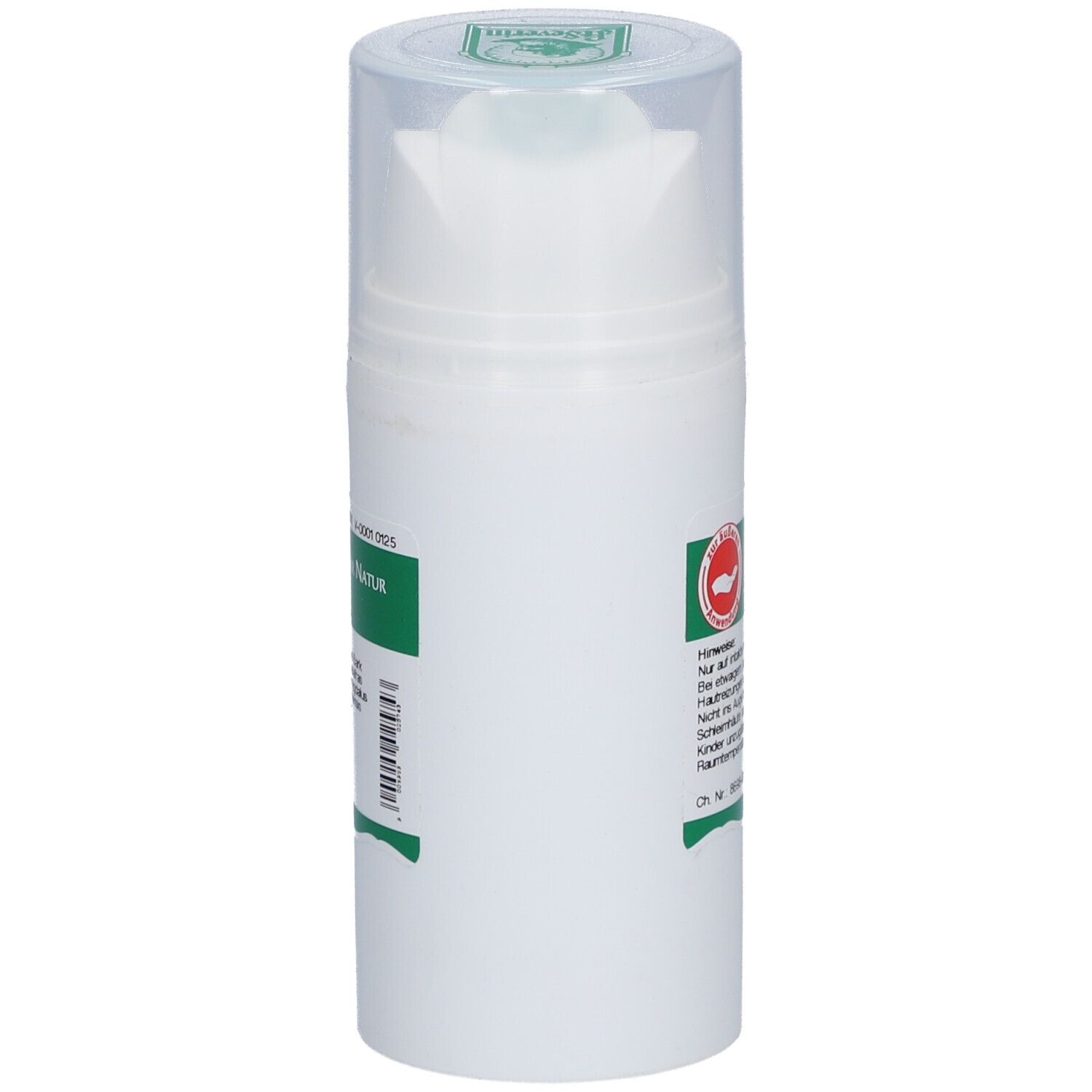 Flacon blanc avec étiquette verte. Inscription: Fenchelholz Salbe. Dos avec indications et ingrédients. Bouchon transparent.