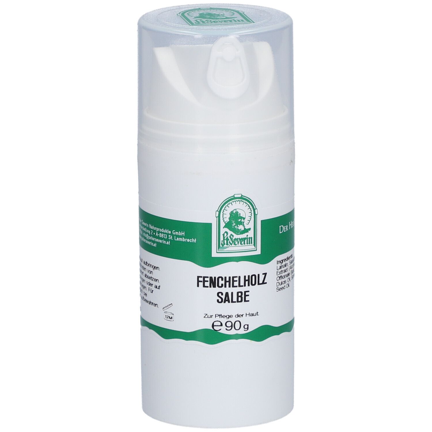 Flacon blanc avec étiquette verte. Inscription: Fenchelholz Salbe, e90g. Avec tête de dosage et bouchon transparent.
