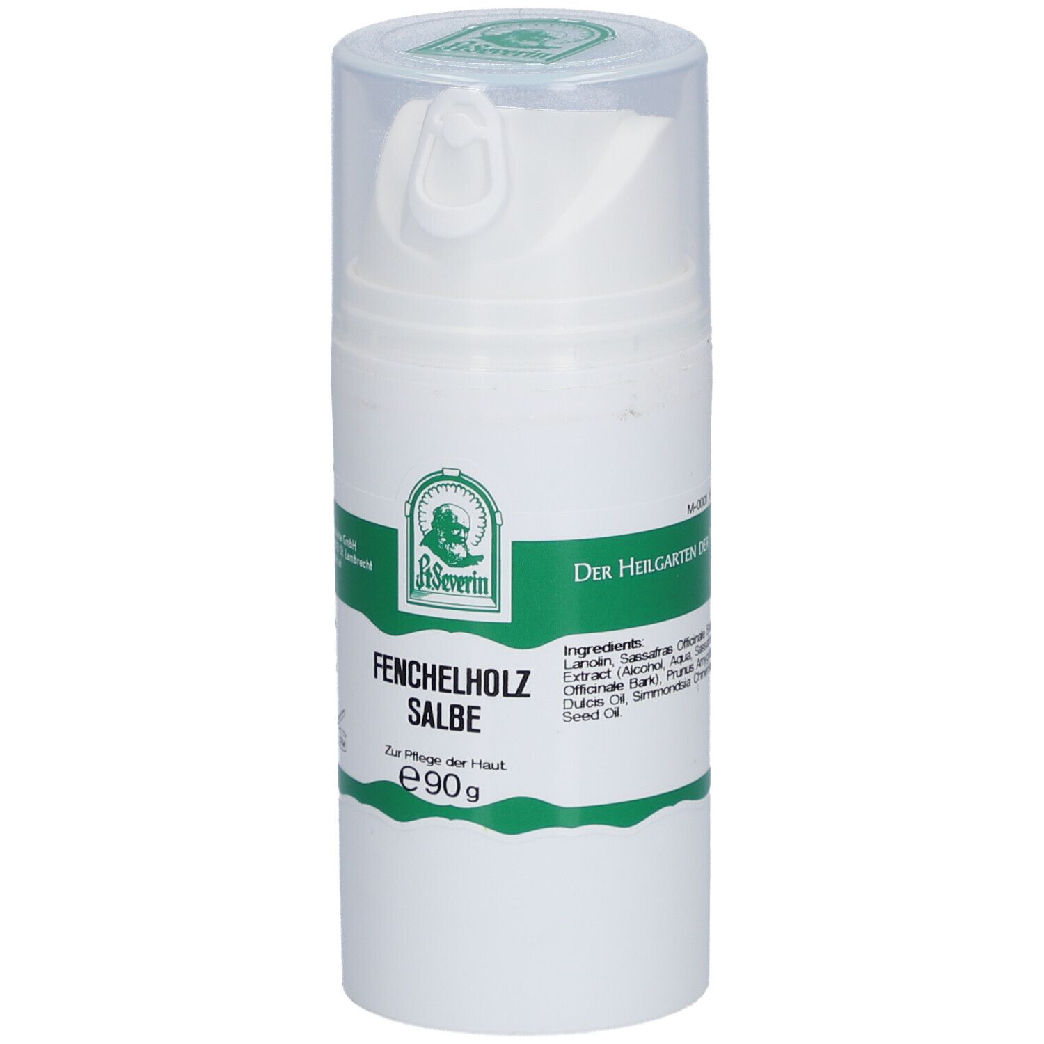 Flacon blanc avec étiquette verte. Inscription: Fenchelholz Salbe, e90g. Avec tête de dosage et bouchon transparent.