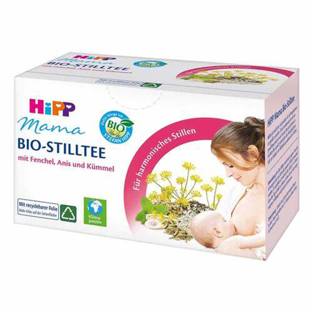 Boîte de thé HiPP Mama Bio-Stilltee. Carton blanc avec logo, nom du produit et illustration d'une mère allaitante.