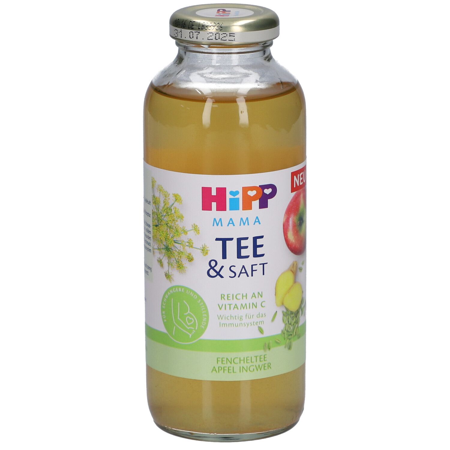 Bouteille HiPP Mama Tee & Saft. Bouteille en verre avec contenu jaune, étiquette avec logo, illustration pomme-gingembre.