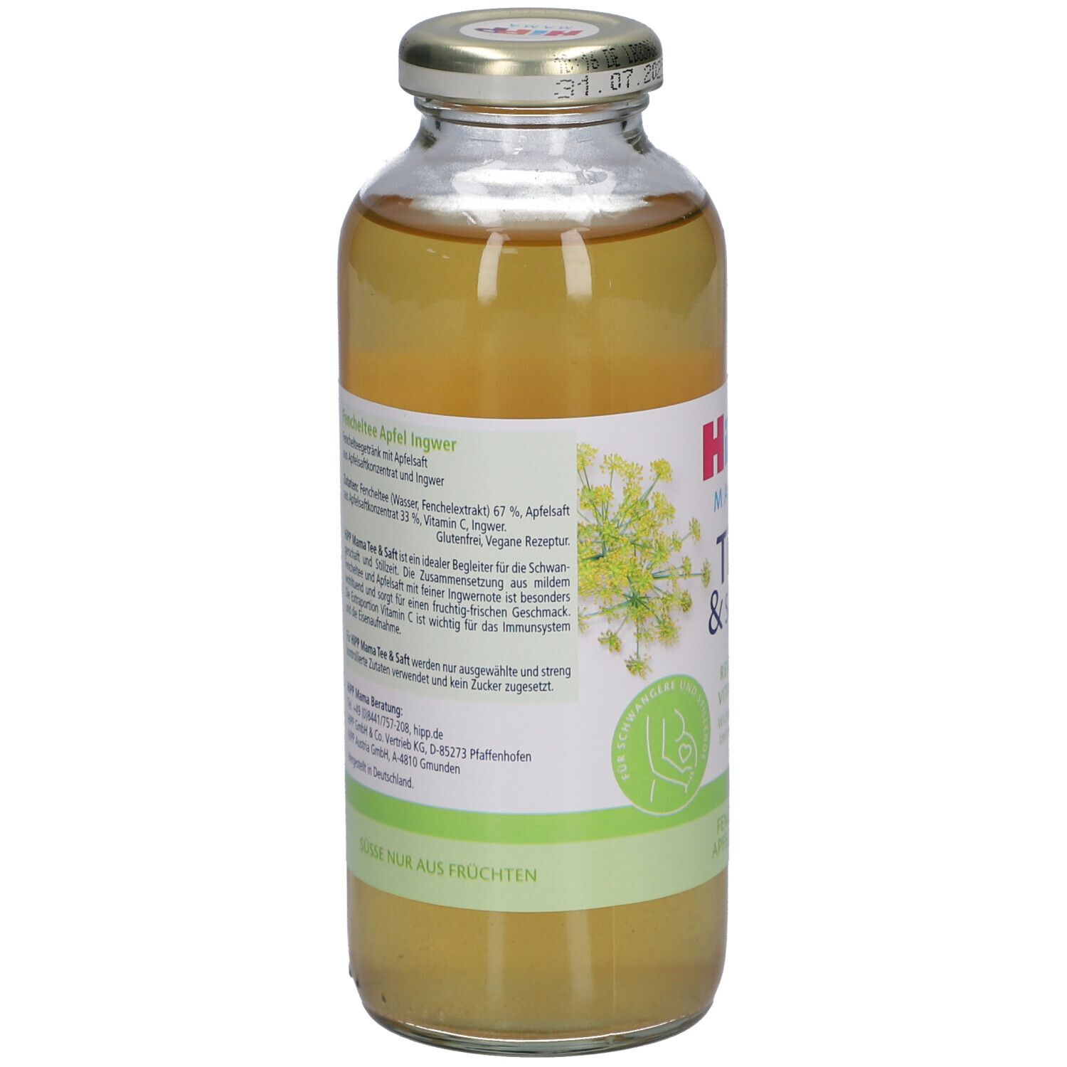 Bouteille HiPP Mama Tee & Saft. Dos avec informations produit, contenu jaune, bouteille en verre avec bouchon à vis.