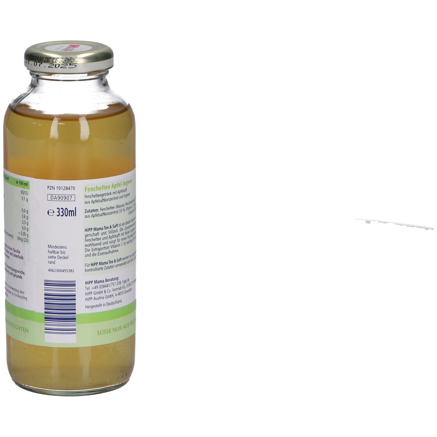 Bouteille HiPP Mama Tee & Saft. Dos avec informations produit, contenu jaune, bouteille en verre avec bouchon à vis.