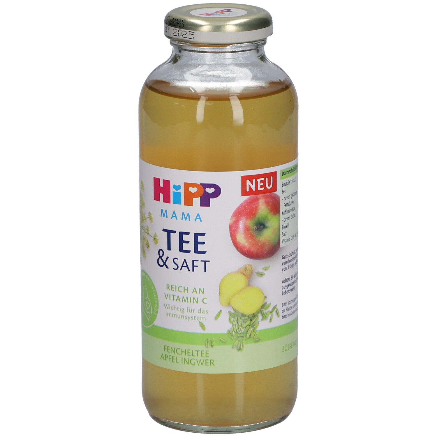Bouteille HiPP Mama Tee & Saft. Bouteille en verre avec contenu jaune, étiquette avec logo, illustration pomme-gingembre.