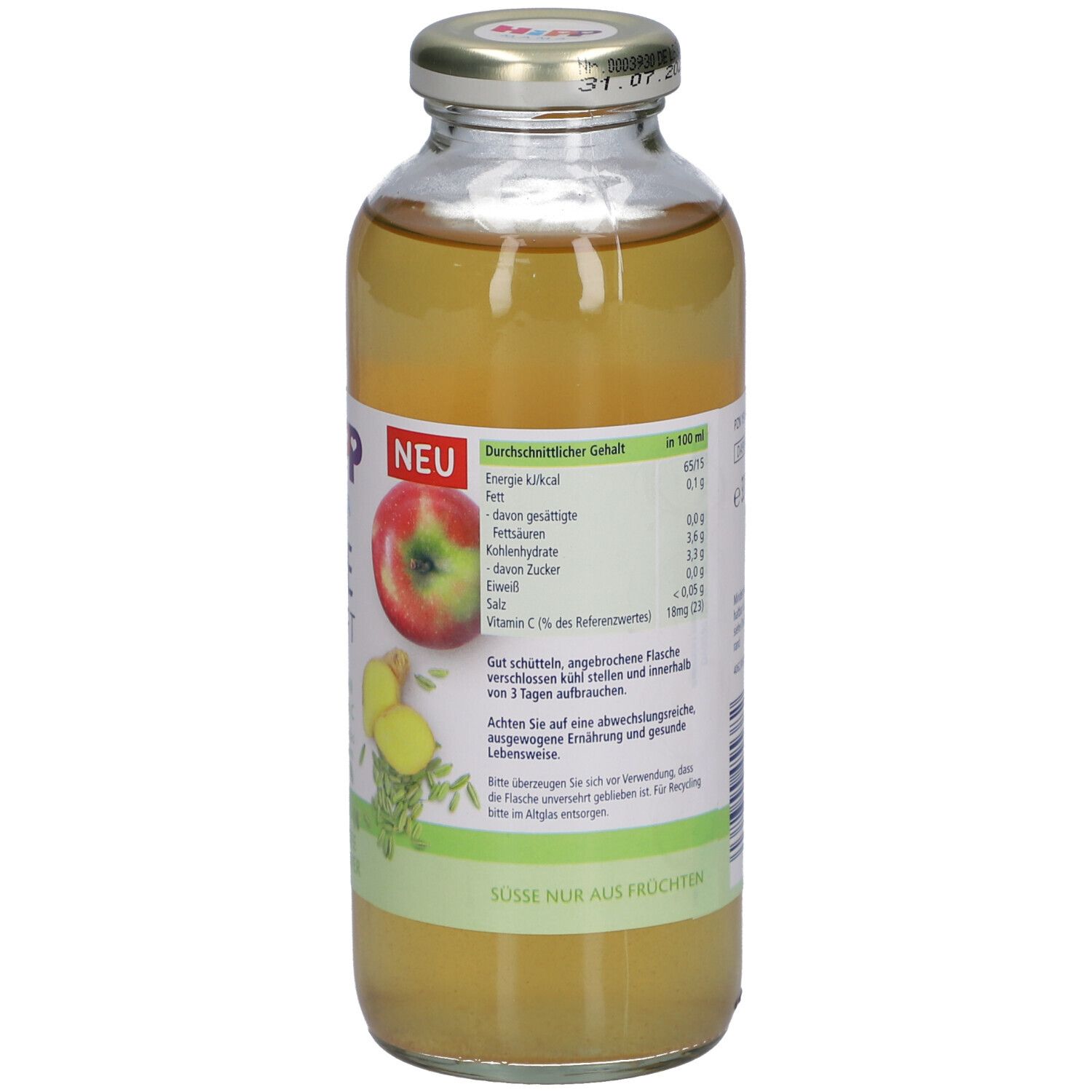 Bouteille HiPP Mama Tee & Saft. Dos avec informations nutritionnelles, contenu jaune, bouteille en verre avec bouchon.