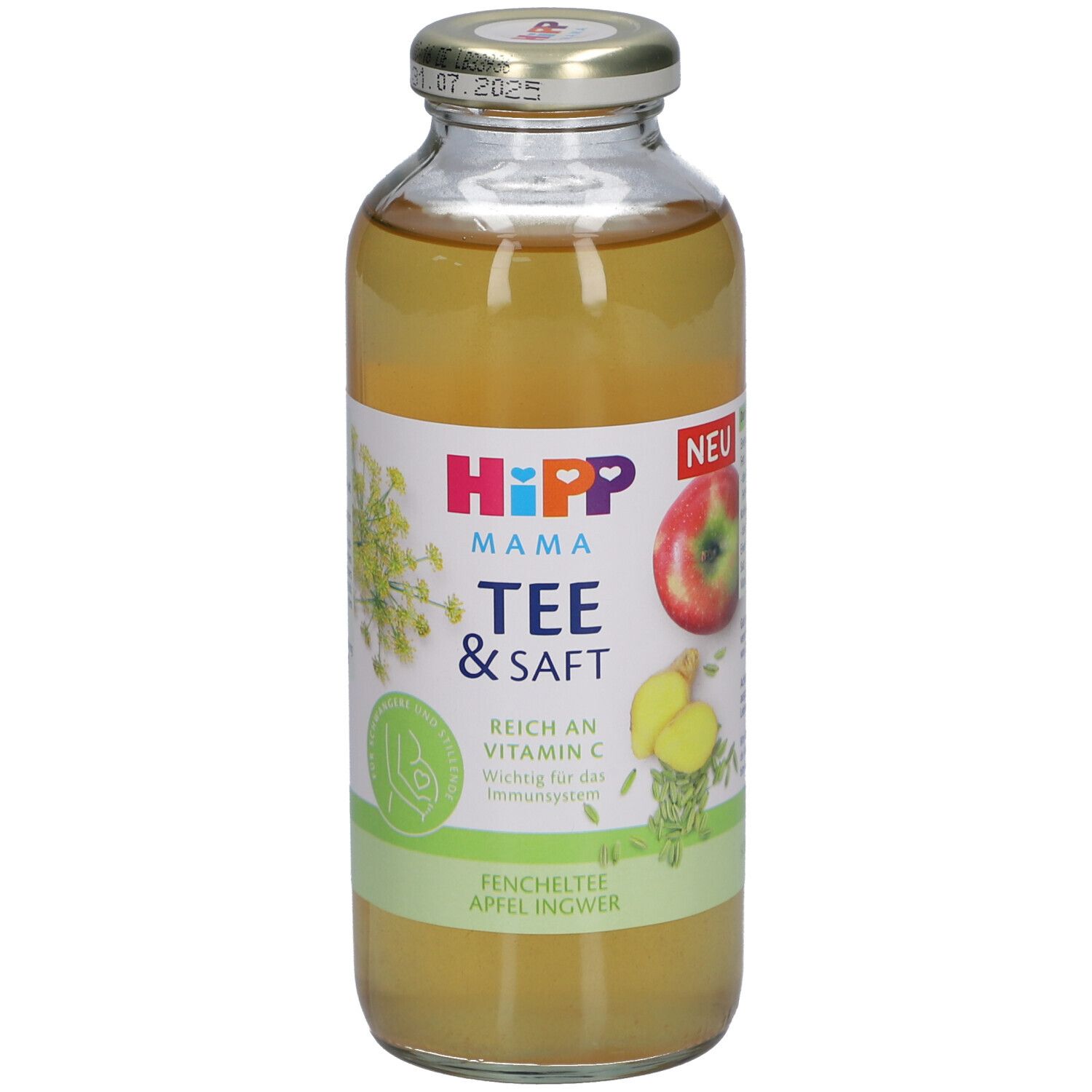 Bouteille HiPP Mama Tee & Saft. Bouteille en verre avec contenu jaune, étiquette avec logo, illustration pomme-gingembre.