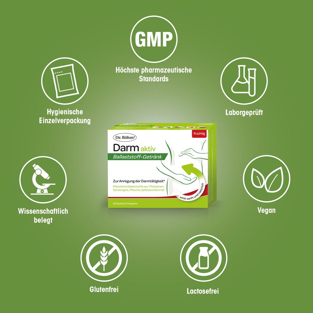 Verpackung Dr. Böhm Darm aktiv. Logos: GMP, Hygienische Einzelverpackung, Laborgeprüft, Vegan, Glutenfrei, Lactosefrei.