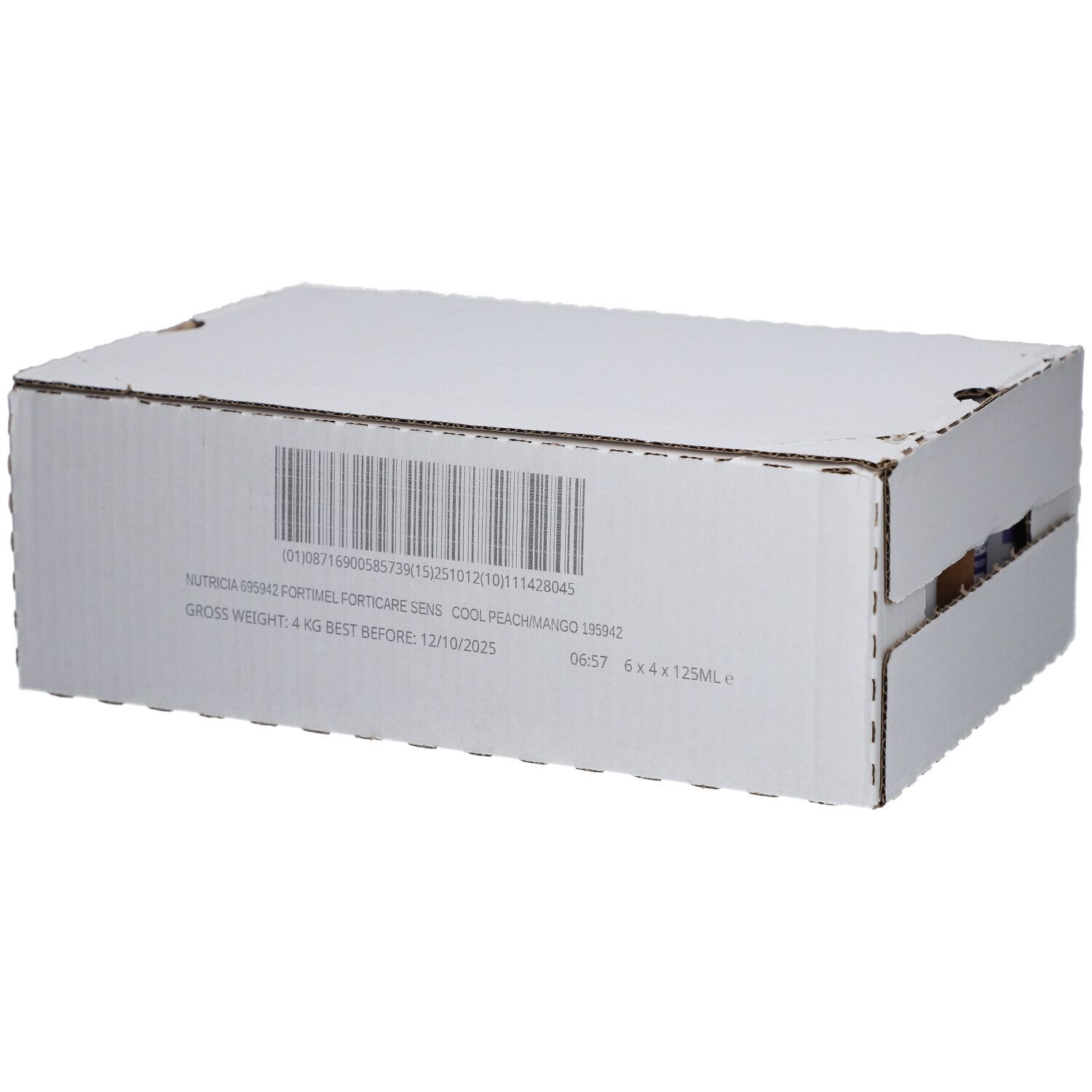 Boîte blanche avec code-barres et informations produit. Inscription: Fortimel Forticare Sens Mango/Pêche. 6 x 4 x 125ml.