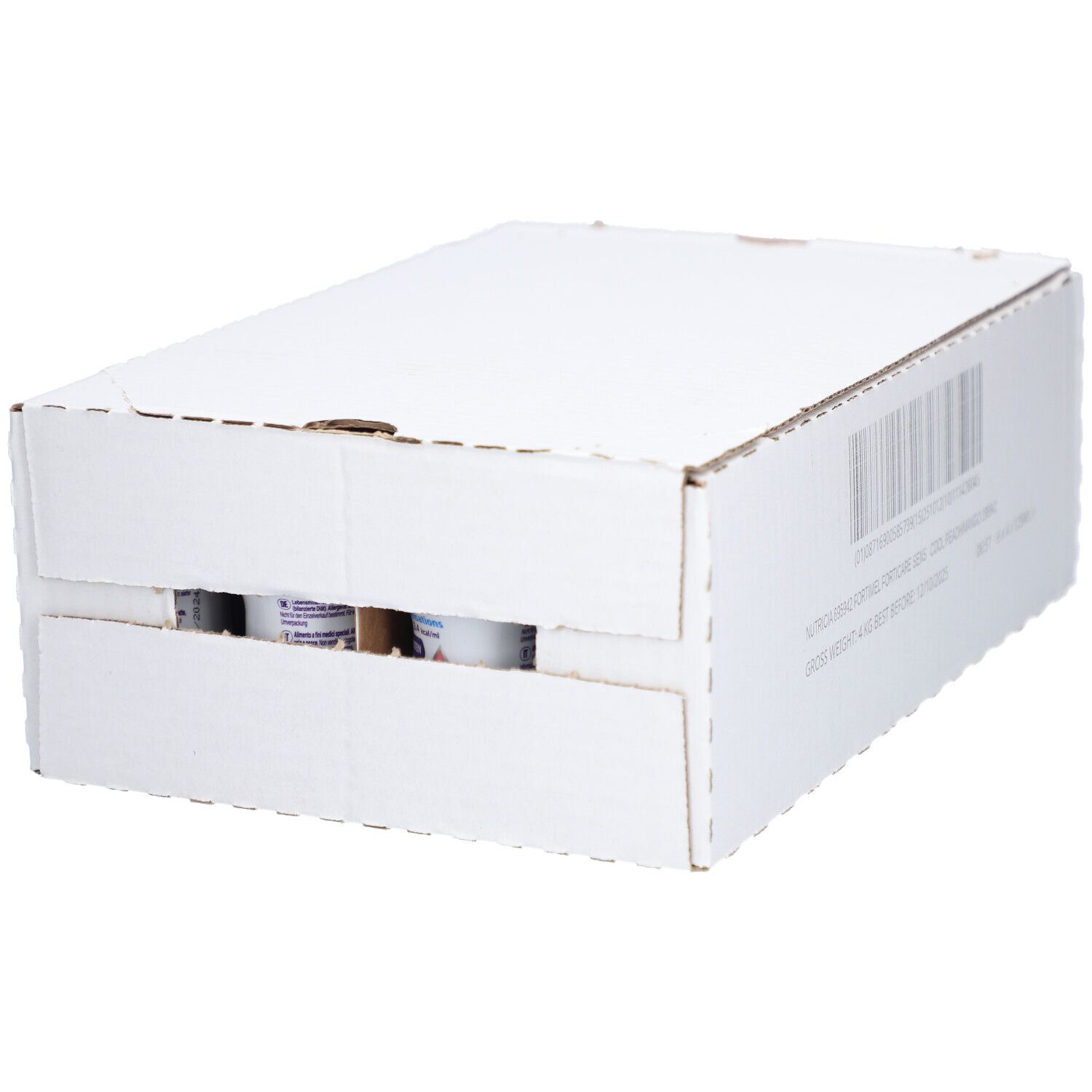 Boîte blanche partiellement ouverte, contenant des emballages de boisson. Visibles: étiquettes de produit avec éléments violets et blancs.
