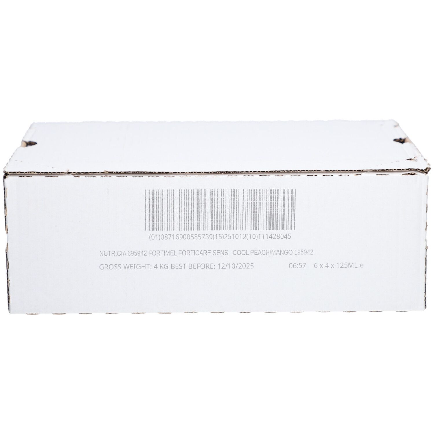 Boîte blanche avec code-barres et informations produit. Inscription: Fortimel Forticare Sens Cool Pêchemangue. 6 x 4 x 125ml.
