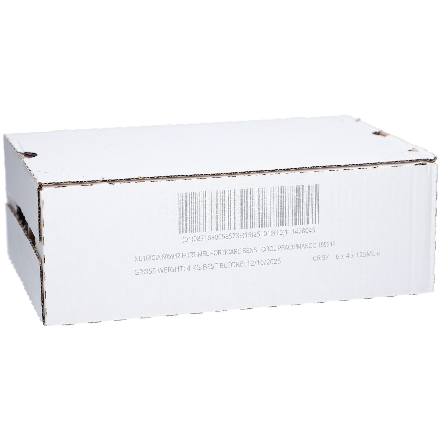 Boîte blanche avec code-barres et informations produit. Inscription: Fortimel Forticare Sens Cool Pêchemangue. 6 x 4 x 125ml.