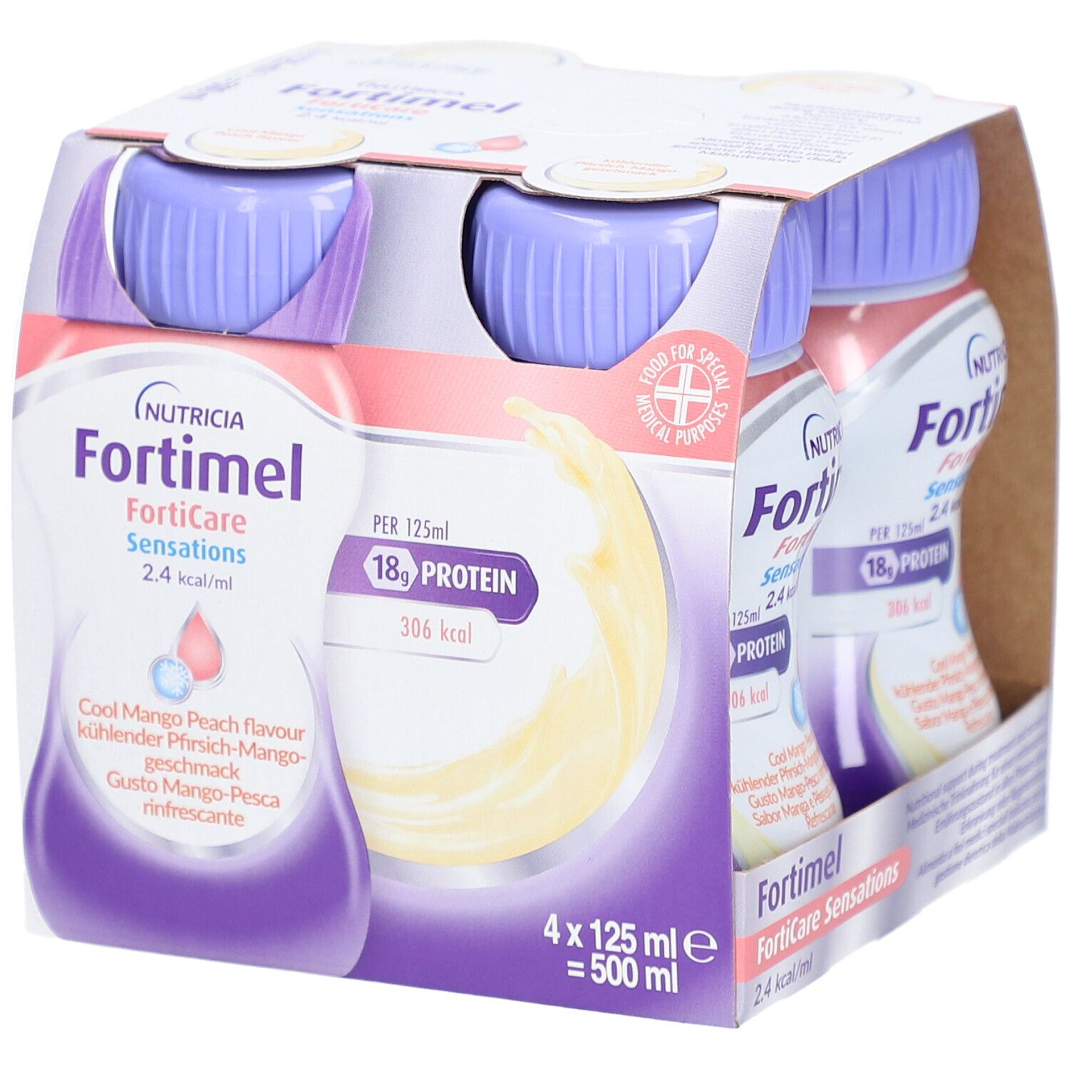 Emballage de quatre bouteilles de nutrition orale. Bouchons violets, étiquettes blanches avec informations. 4 x 125 ml.