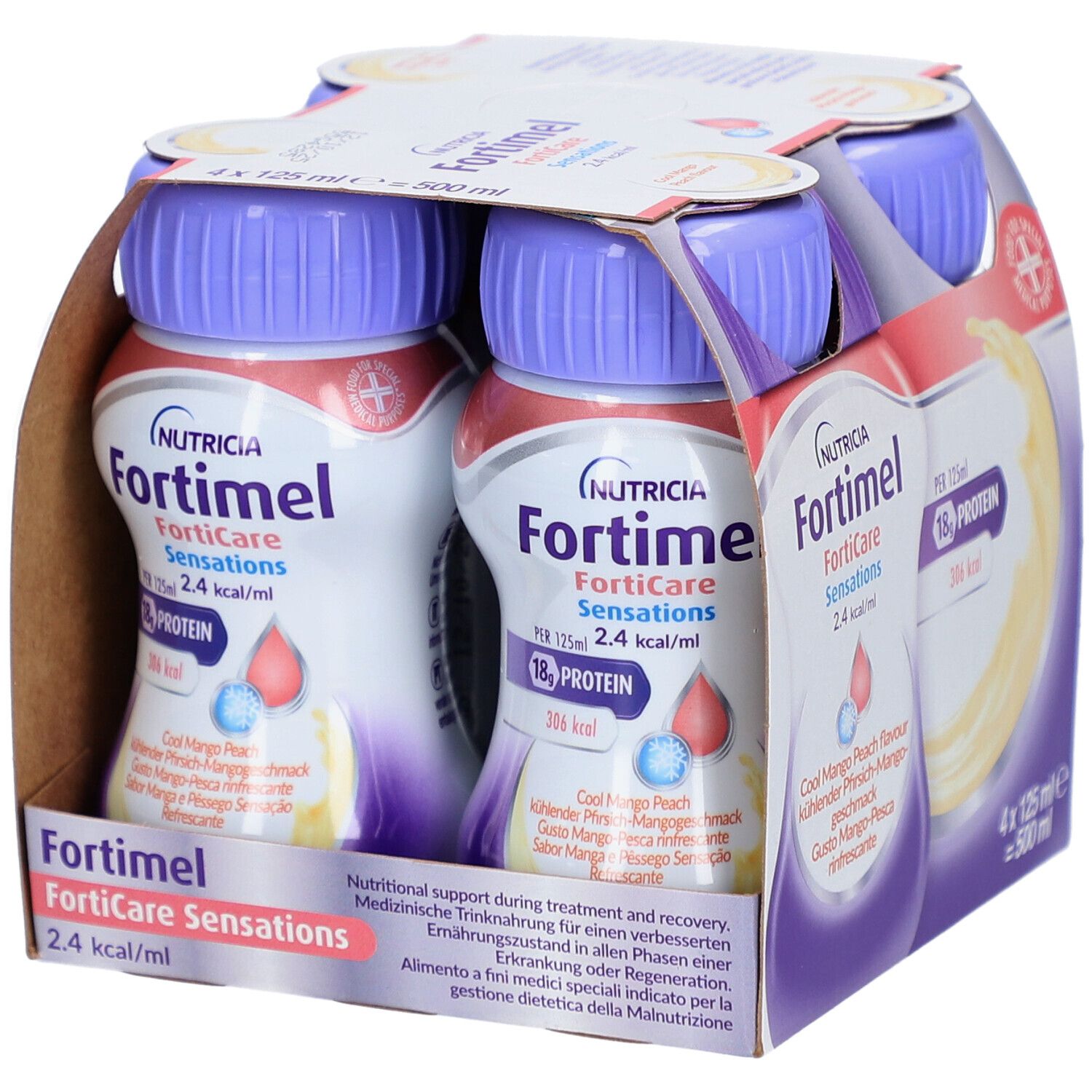 Emballage de quatre bouteilles de nutrition orale. Bouchons violets, étiquettes blanches avec informations. 4 x 125 ml.