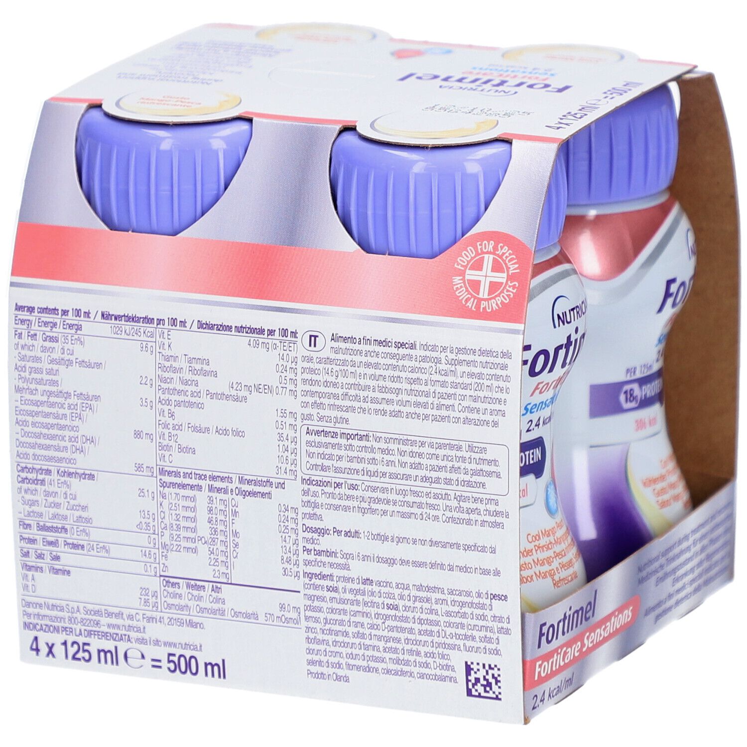 Emballage de quatre bouteilles de nutrition orale. Dos avec informations nutritionnelles. 4 x 125 ml.