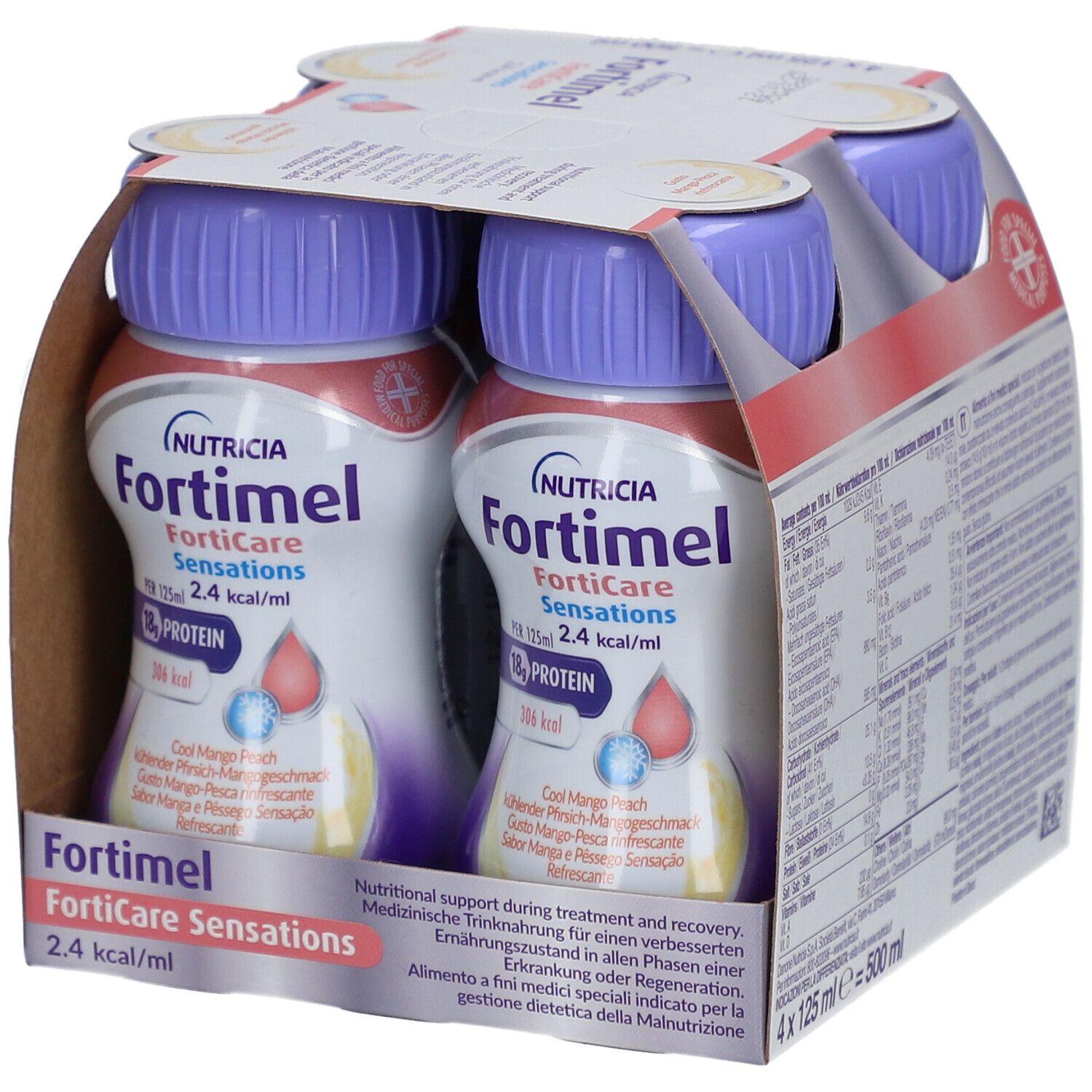Emballage de quatre bouteilles de nutrition orale. Bouchons violets, étiquettes blanches avec informations. 4 x 125 ml.