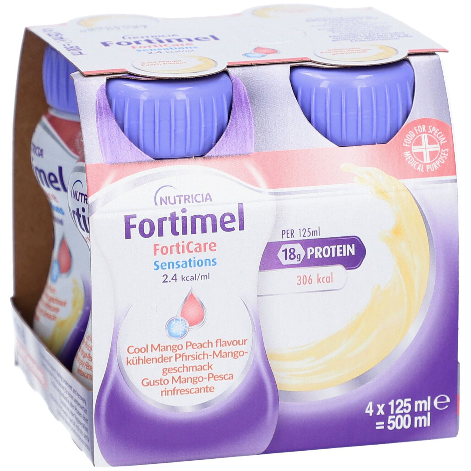 Emballage de quatre bouteilles de nutrition orale. Bouchons violets, étiquettes blanches avec informations. 4 x 125 ml.