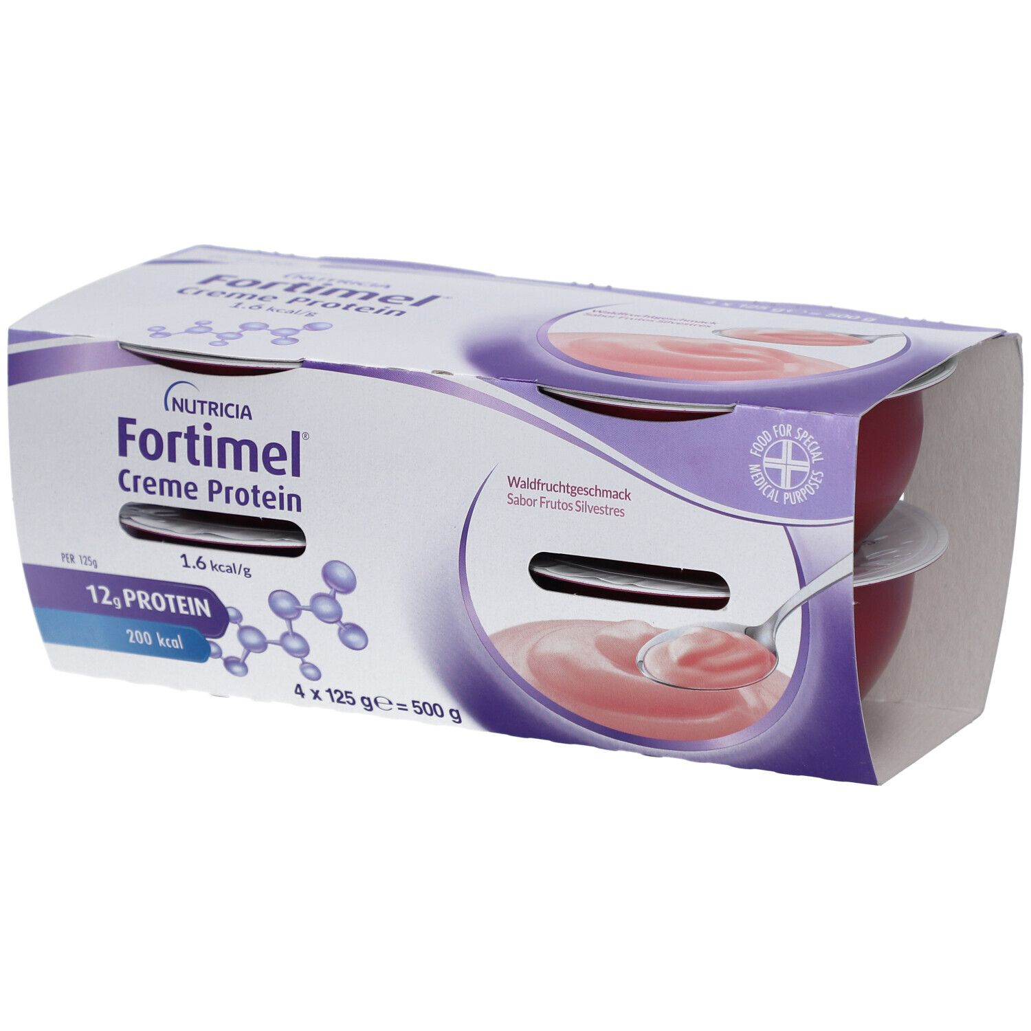 Emballage de Fortimel Crème Protéinée. Quatre pots saveur fruits des bois. Contient 12g de protéines et 200 kcal.