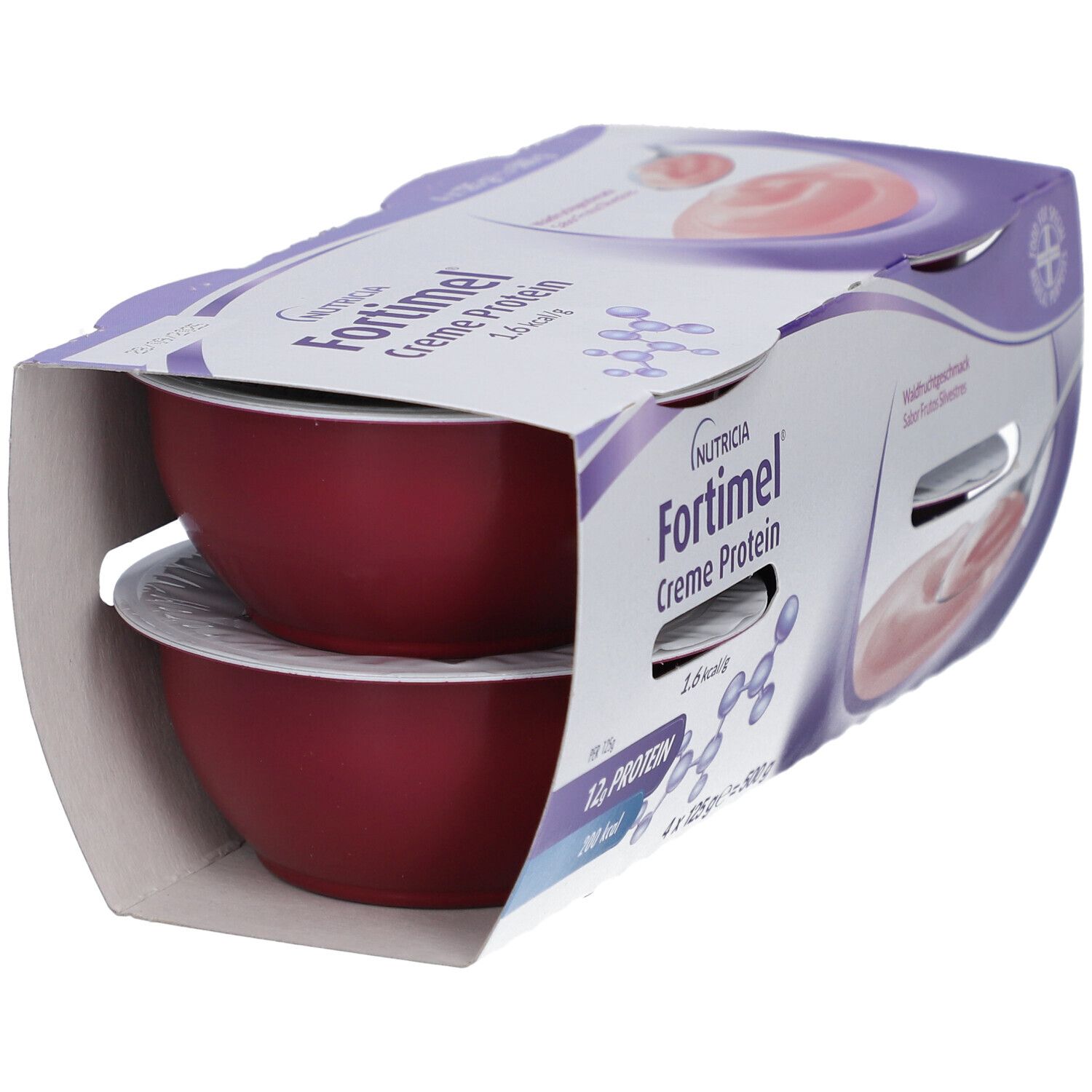 Emballage Fortimel Crème Protéinée. Deux pots visibles. Goût fruits des bois. 12g protéines, 200 kcal. Emballage ouvert.