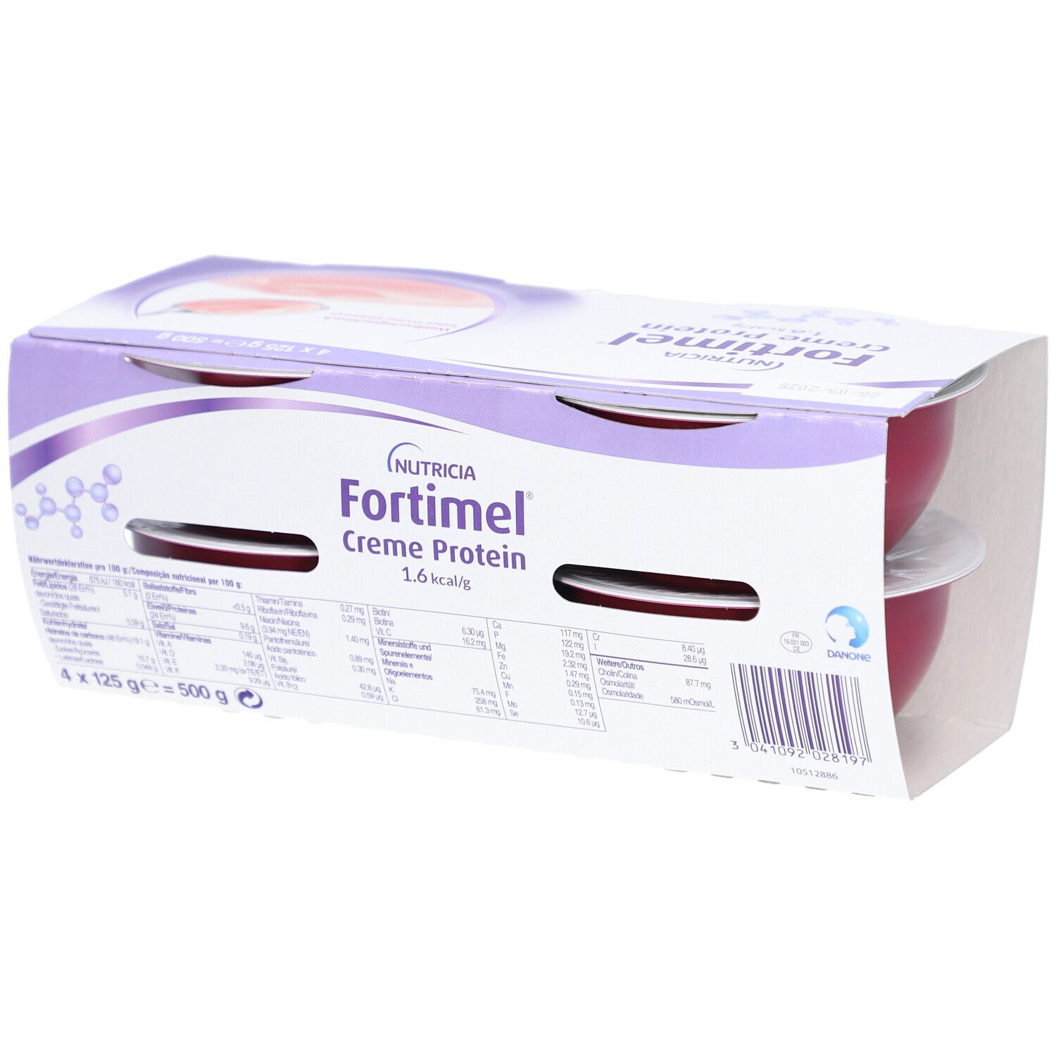 Emballage Fortimel Crème Protéinée. Quatre pots. Goût fruits des bois. 12g protéines, 200 kcal. Informations nutritionnelles et code-barres.