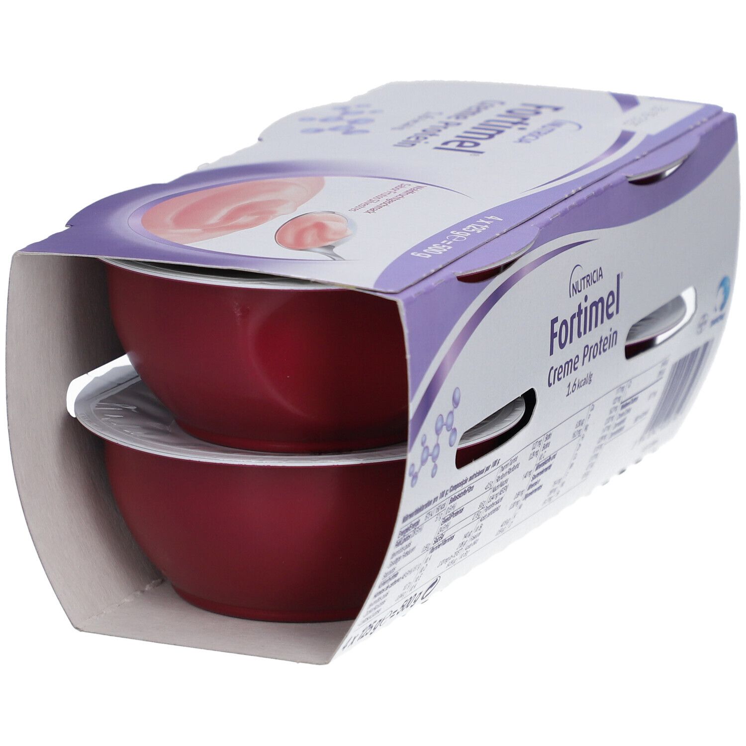 Emballage Fortimel Crème Protéinée. Deux pots visibles. Goût fruits des bois. 12g protéines, 200 kcal. Emballage ouvert.