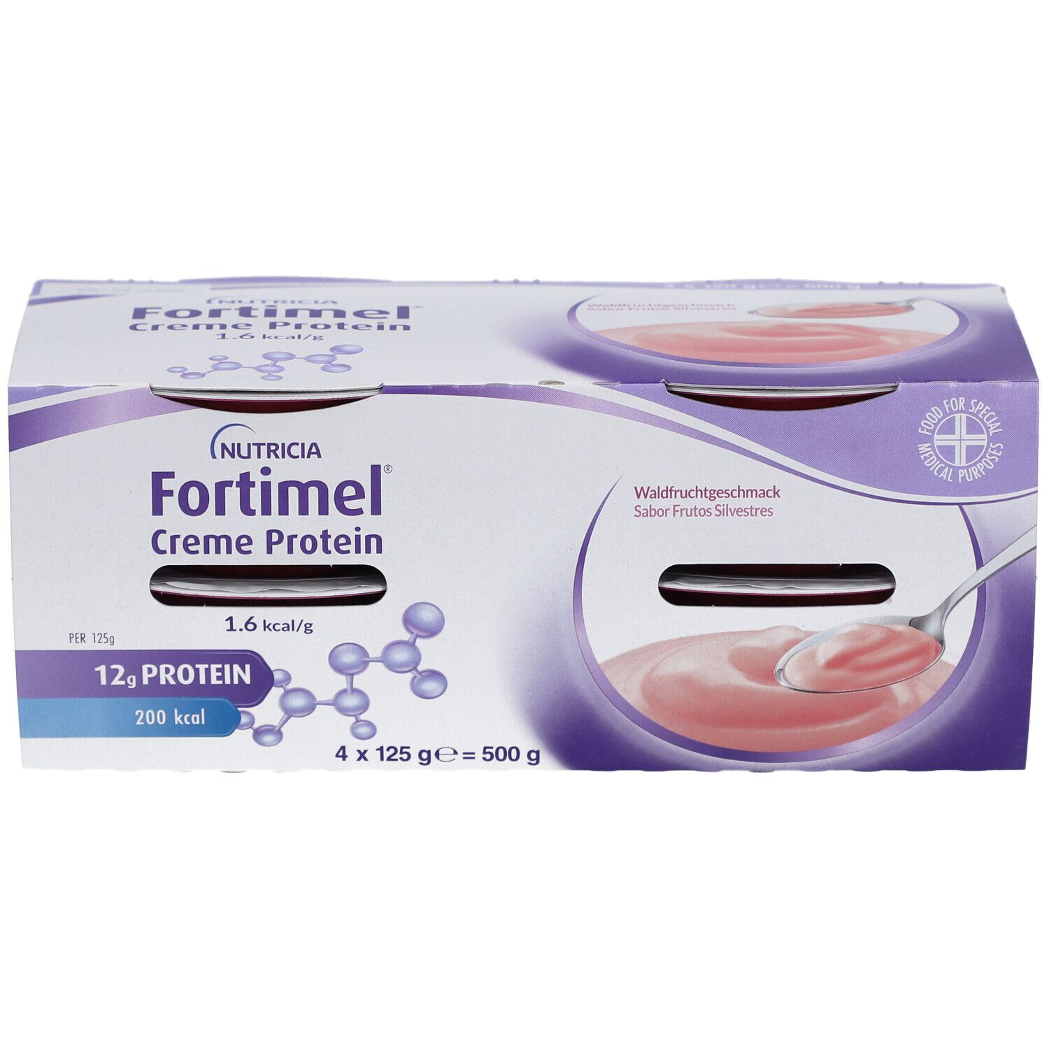 Emballage Fortimel Crème Protéinée. Quatre pots. Goût fruits des bois. 12g protéines, 200 kcal. Cuillère dans le pot.