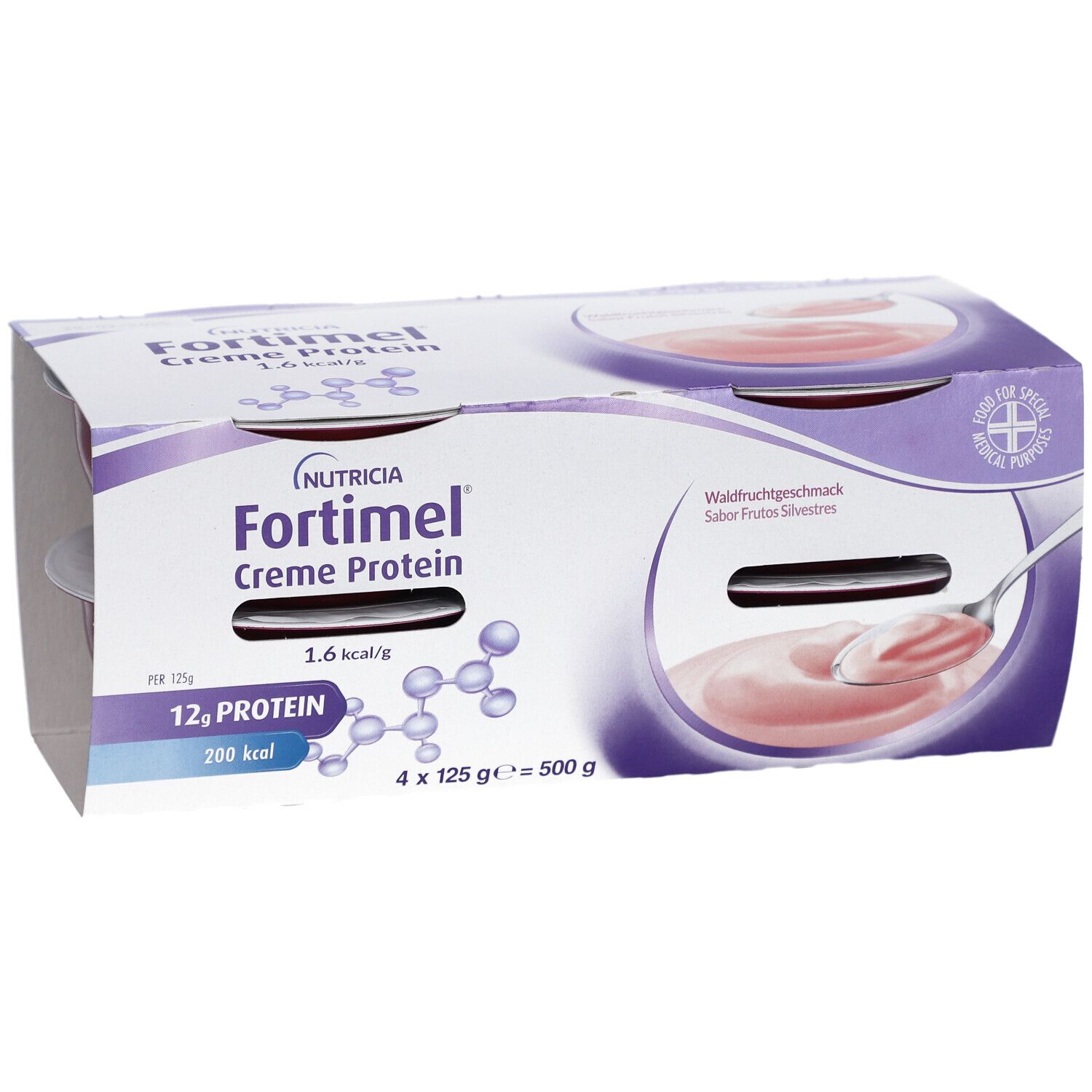 Emballage Fortimel Crème Protéinée. Quatre pots. Goût fruits des bois. 12g protéines, 200 kcal. Cuillère dans le pot.