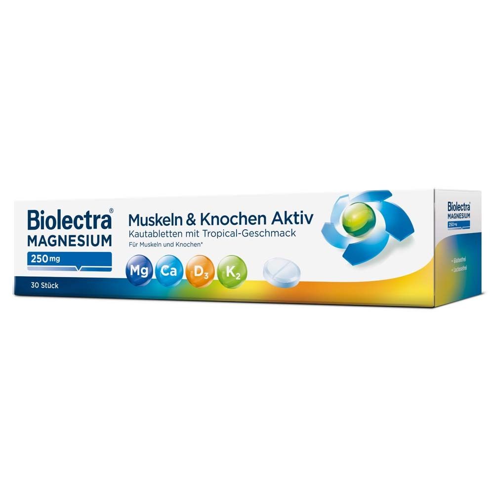 Biolectra Magnesium 250mg Muskeln & Knochen Aktiv. Boîte de 30 comprimés. Contient Mg, Ca, D3, K2. Goût tropical.