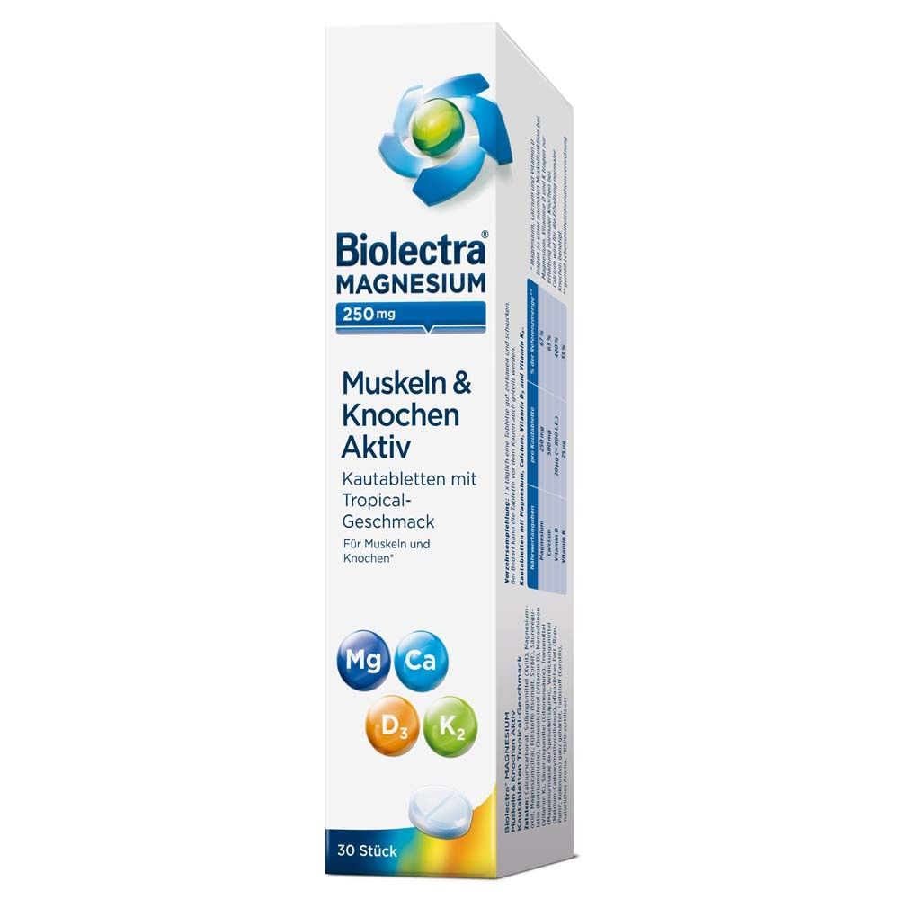 Biolectra Magnesium 250mg Muskeln & Knochen Aktiv. Boîte. Contient Mg, Ca, D3, K2. 30 comprimés. Goût tropical.