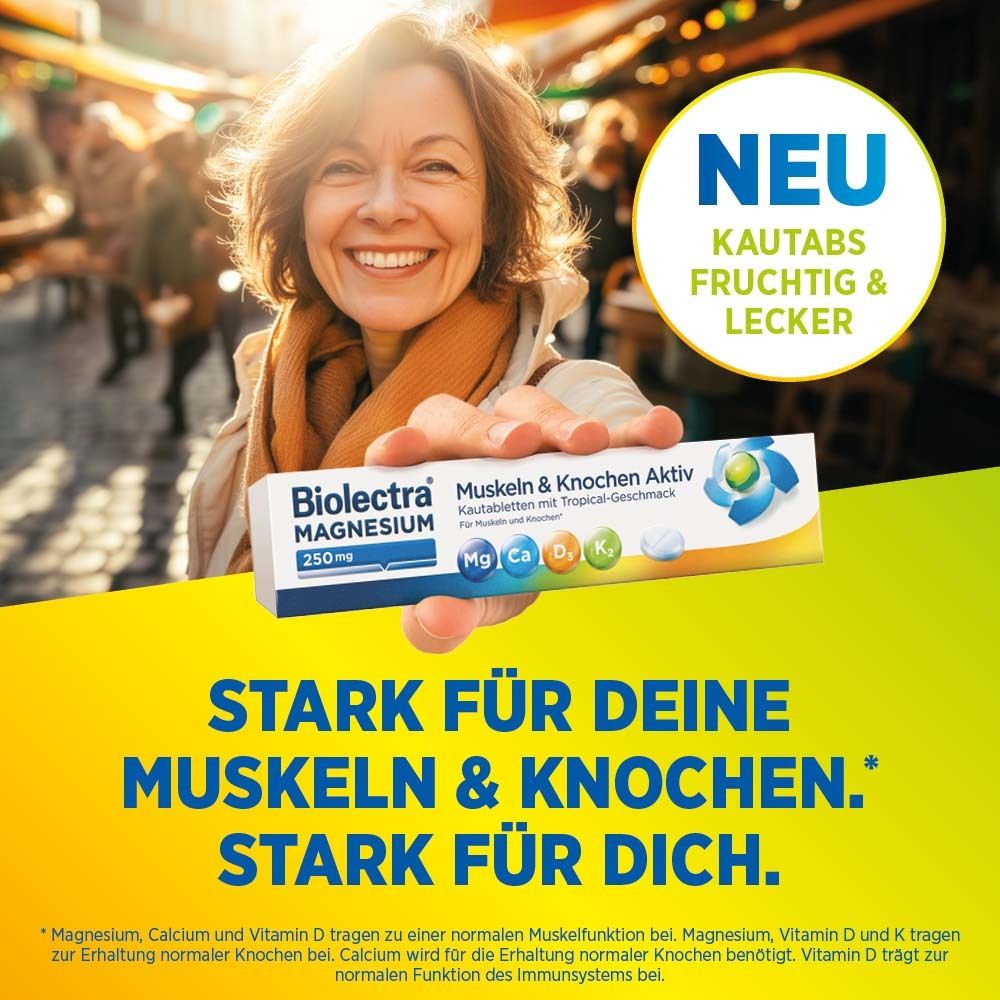 Femme tenant Biolectra Magnesium 250mg. Boîte de 30 comprimés. Texte : Fort pour les muscles et les os. Fruité et savoureux.