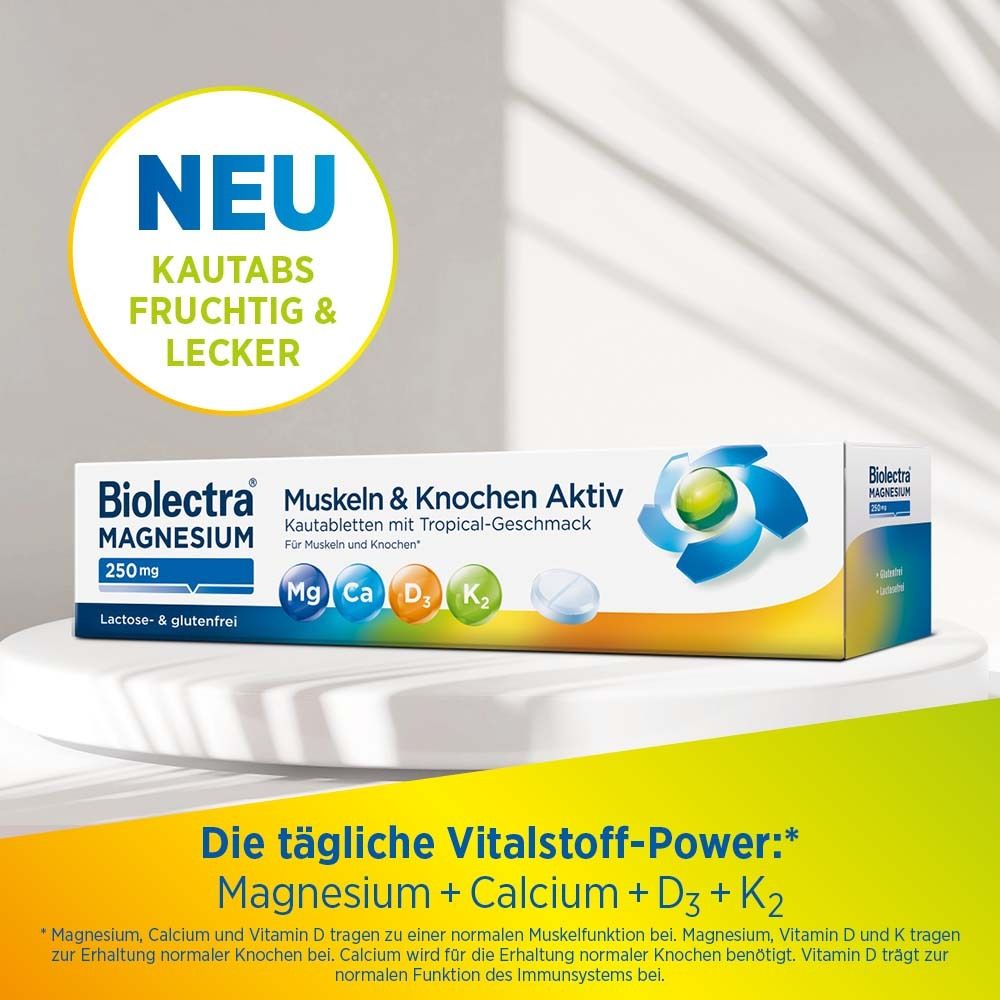 Biolectra Magnesium 250mg Muskeln & Knochen Aktiv. Boîte. Contient Mg, Ca, D3, K2. 30 comprimés. Texte : Fruité et savoureux.