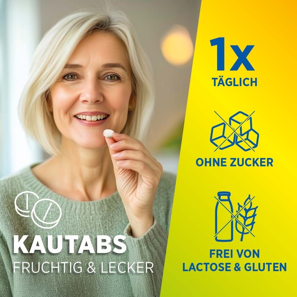Femme prenant un comprimé. Texte : Sans sucre, sans lactose et sans gluten. Comprimés à croquer. Fruité et savoureux.