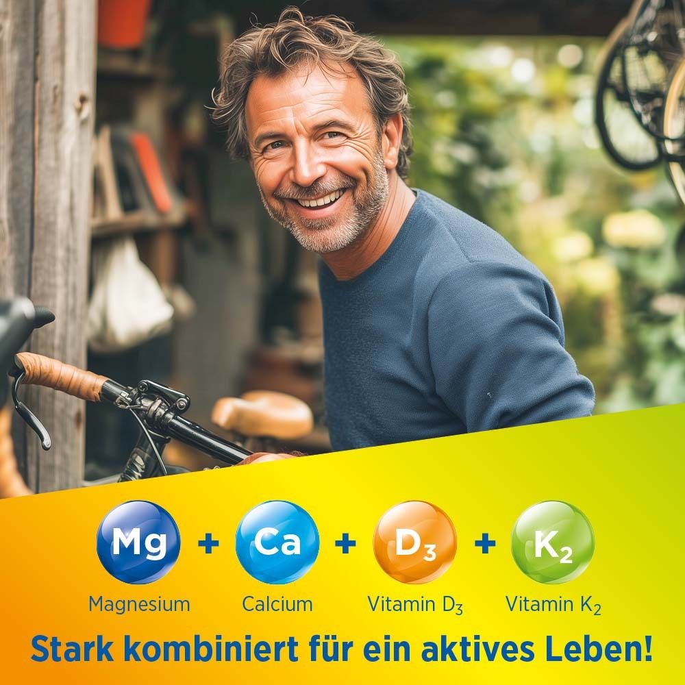 Homme avec un vélo. Texte : Mg + Ca + D3 + K2. Fortement combiné pour une vie active !