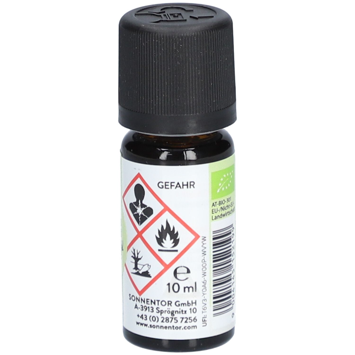 Braune Glasflasche mit schwarzem Deckel. Etikett mit Gefahrensymbolen und Text. 10 ml. SonnentoR GmbH.