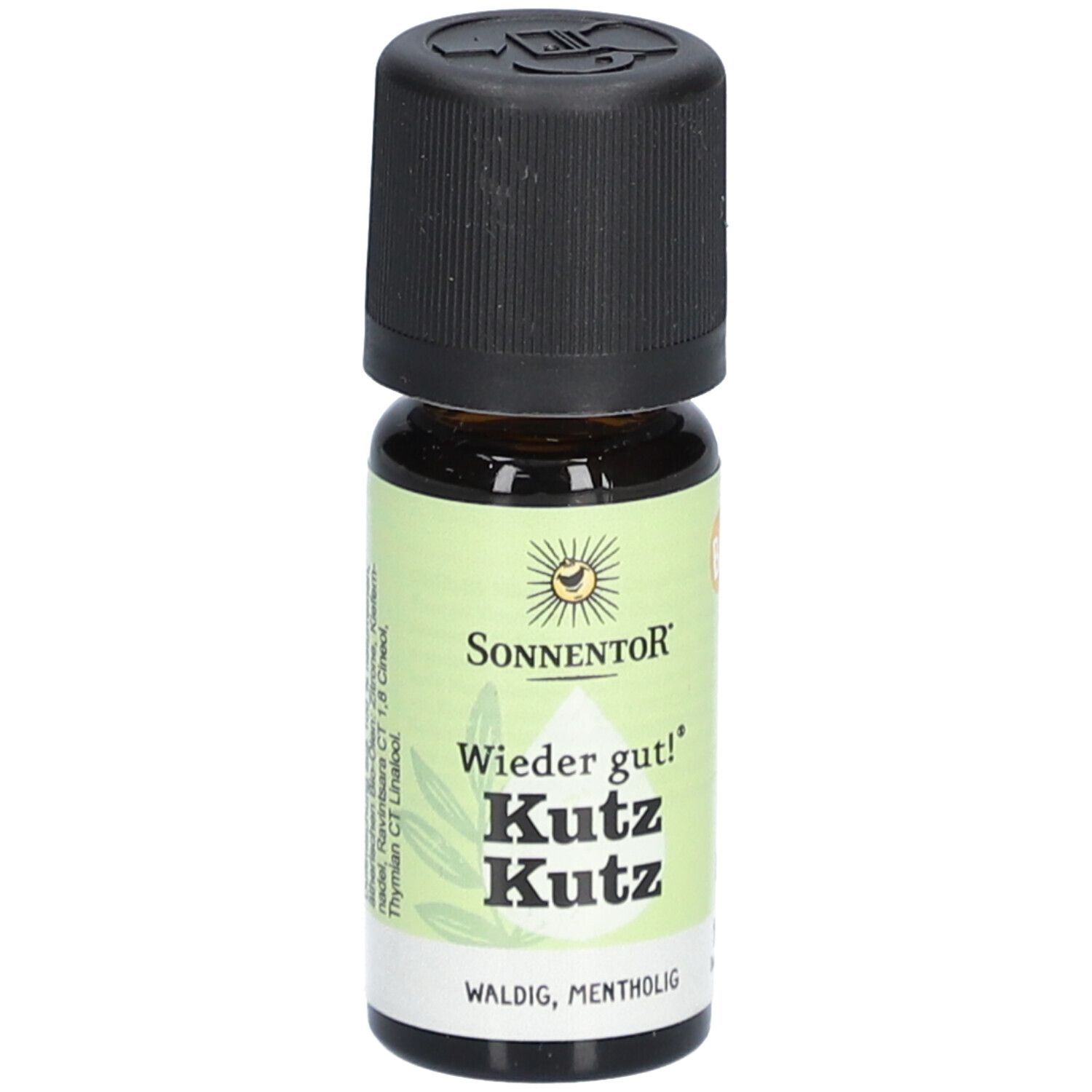 Braune Glasflasche mit schwarzem Deckel. Etikett mit SonnentoR-Logo und Schriftzug Kutz Kutz. "Waldig, mentholig".