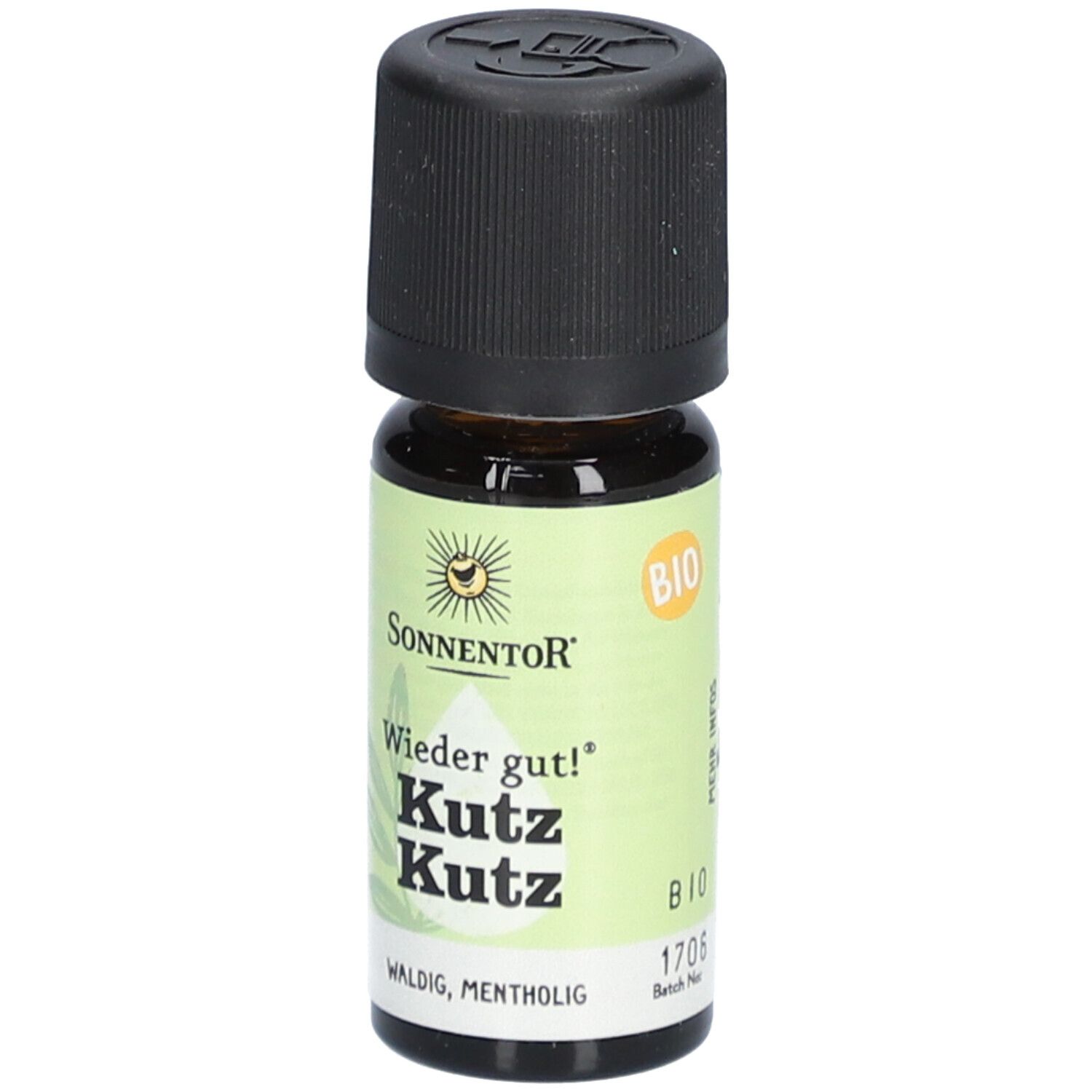 Braune Glasflasche mit schwarzem Deckel. Etikett mit SonnentoR-Logo, Schriftzug Kutz Kutz und Bio-Siegel. "Waldig, mentholig".