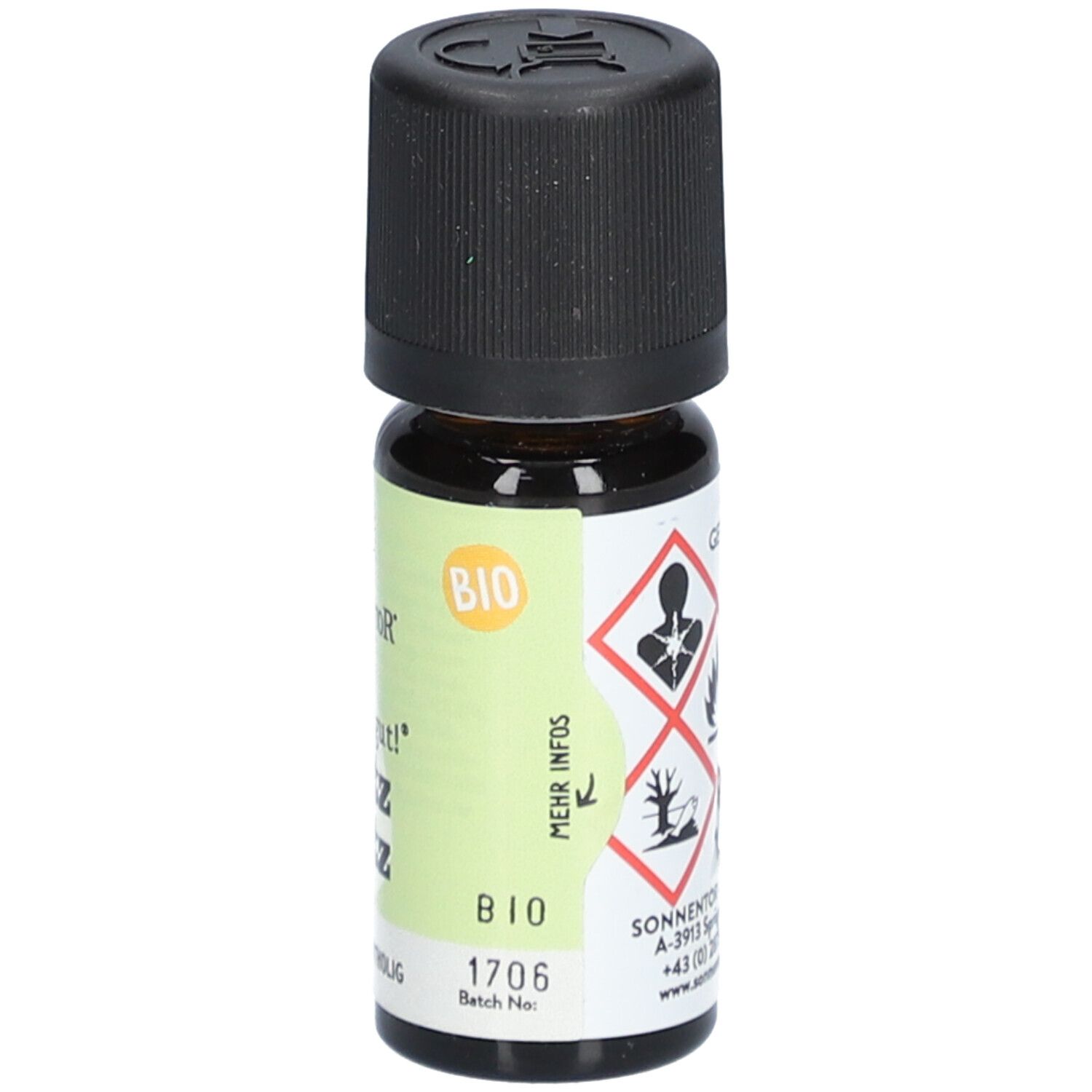 Braune Glasflasche mit schwarzem Deckel. Etikett mit Bio-Siegel, Gefahrensymbolen und Text. SonnentoR GmbH.