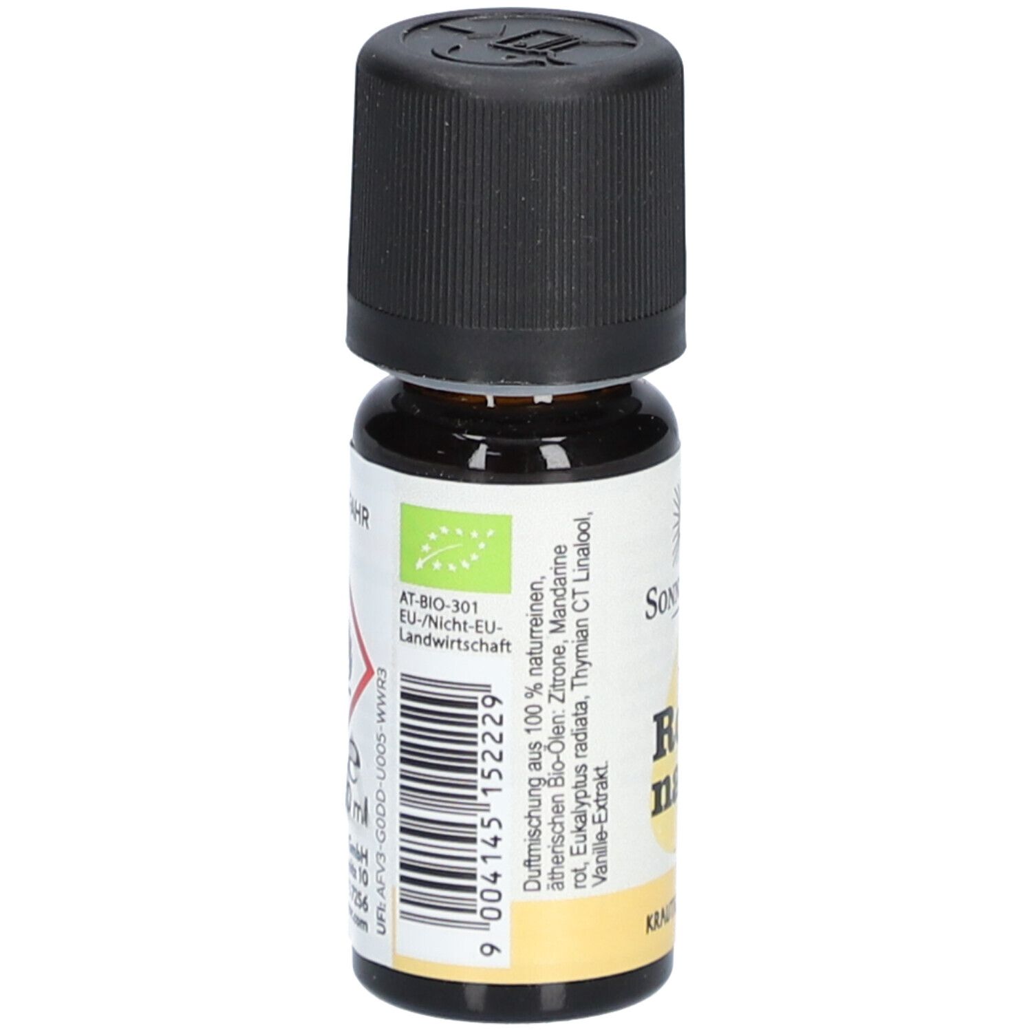 Flacon en verre brun avec bouchon noir. Étiquette avec ingrédients, label bio et code-barres. SonnentoR® Rotznase ätherisches Öl.