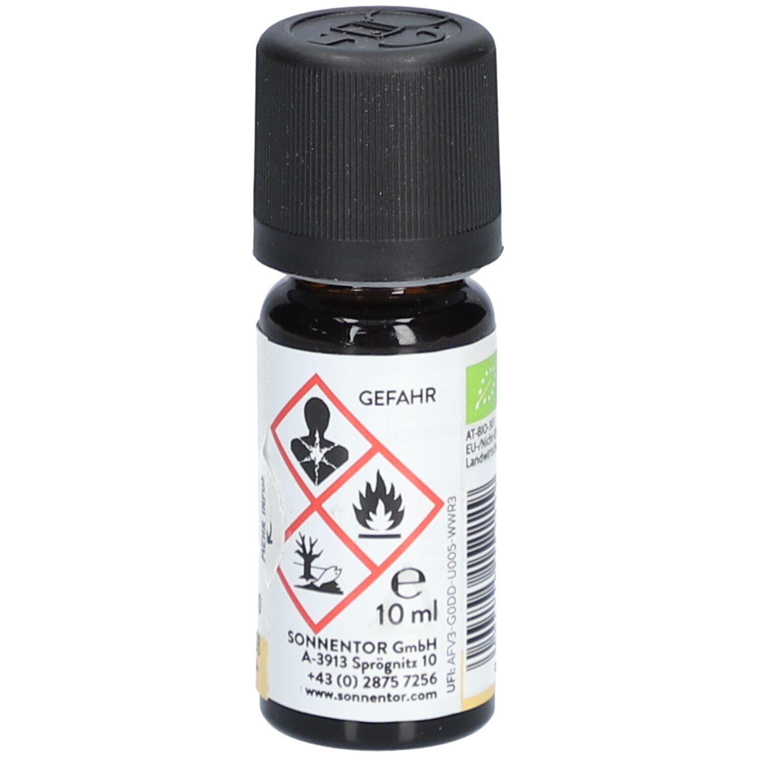 Flacon en verre brun avec bouchon noir. Étiquette avec symboles de danger et indication de volume. SonnentoR® Rotznase ätherisches Öl.