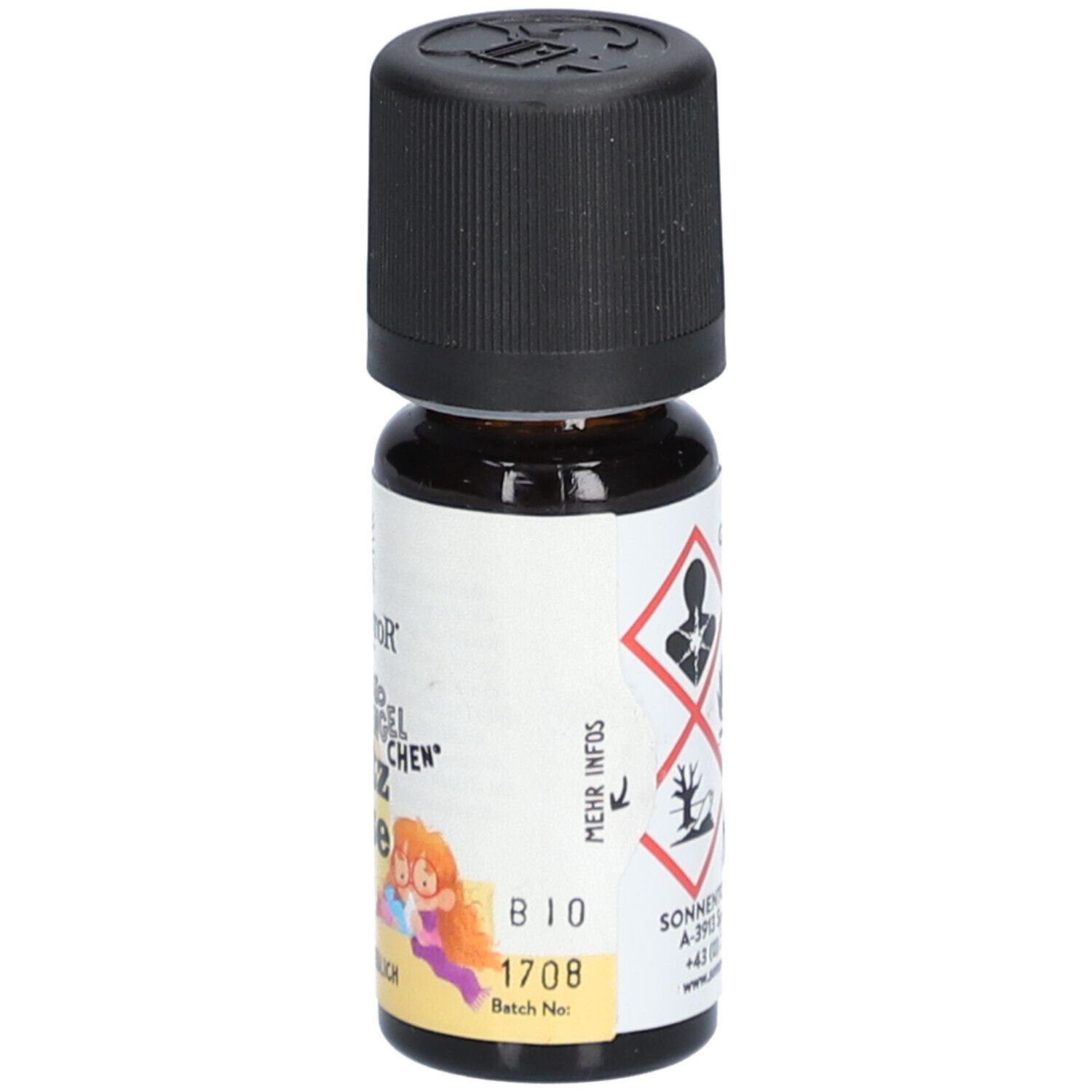 Flacon en verre brun avec bouchon noir. Étiquette avec nom du produit, logo et numéro de lot. SonnentoR® Rotznase ätherisches Öl.