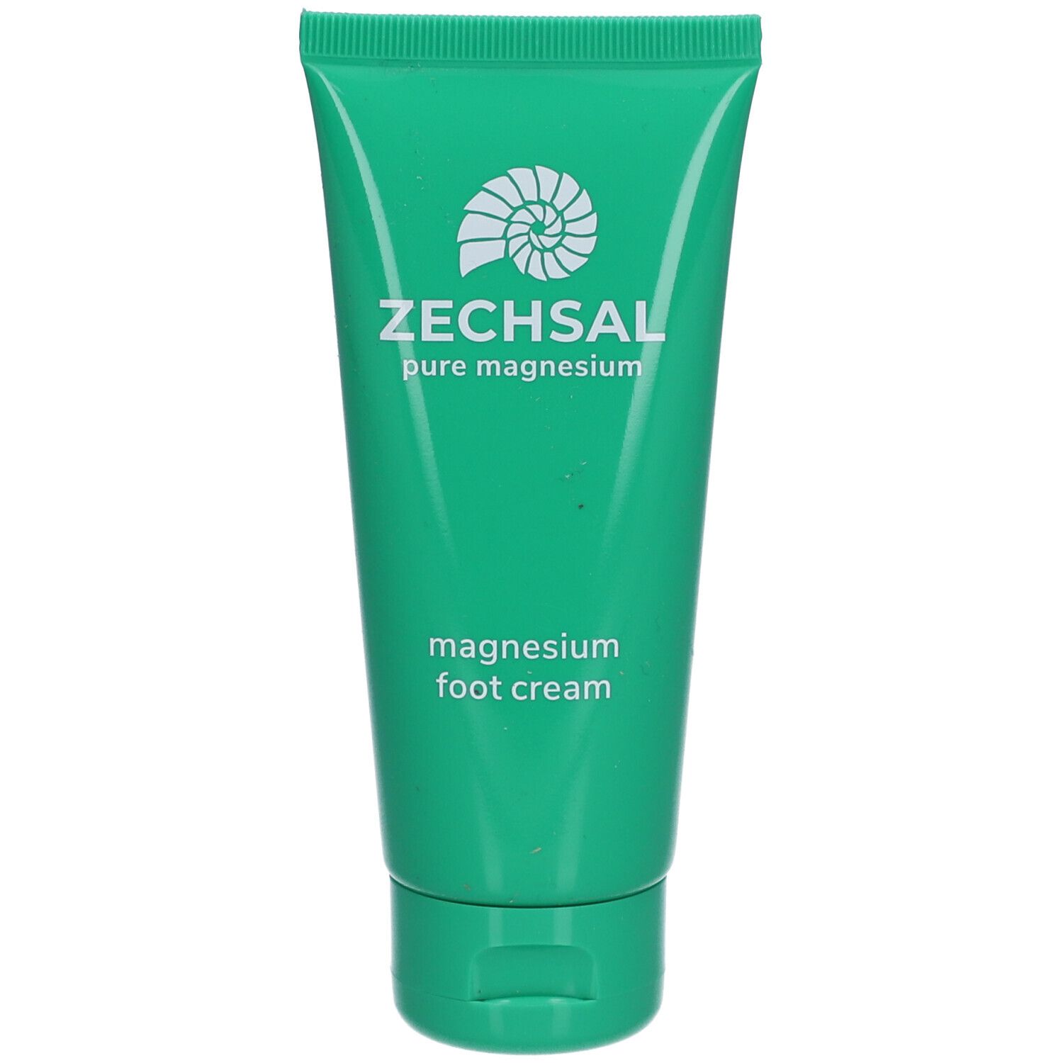 Tube verte avec logo blanc et texte Zechsal. Texte: crème pour les pieds au magnésium.