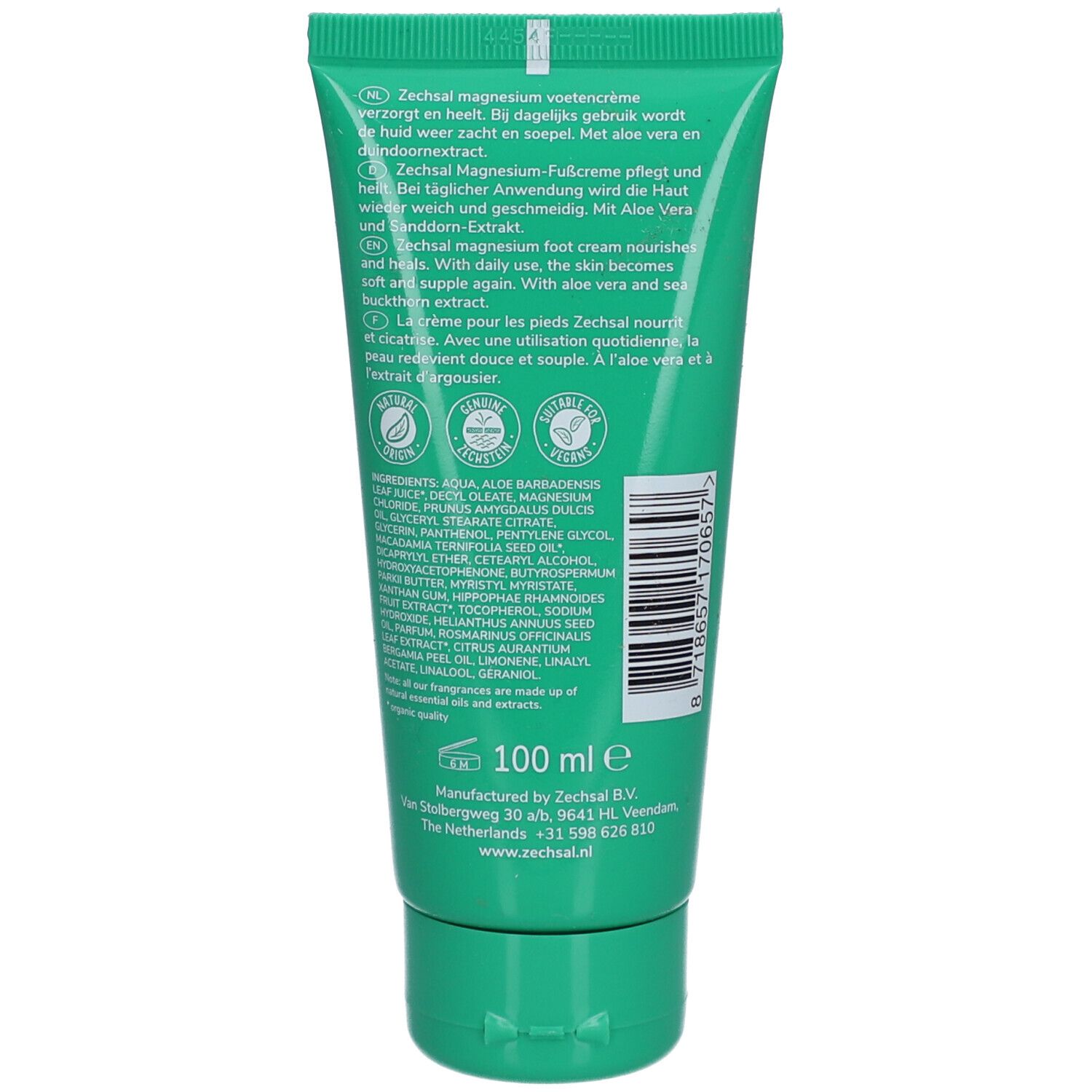 Dos du tube vert. Texte: Zechsal crème pour les pieds au magnésium. Ingrédients et informations fabricant.