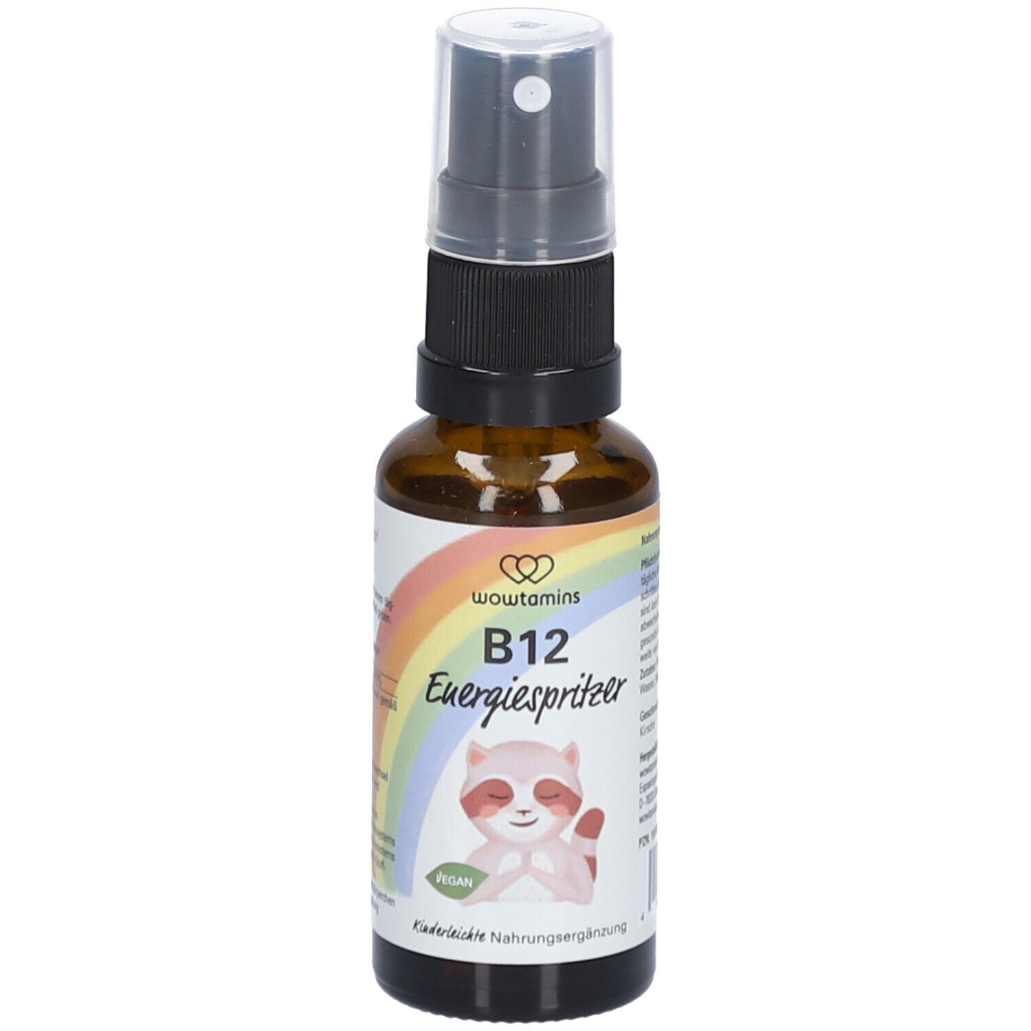 Flacon en verre brun avec vaporisateur. Étiquette avec arc-en-ciel, raton laveur, "B12 Energiespiritzer" et "vegan".