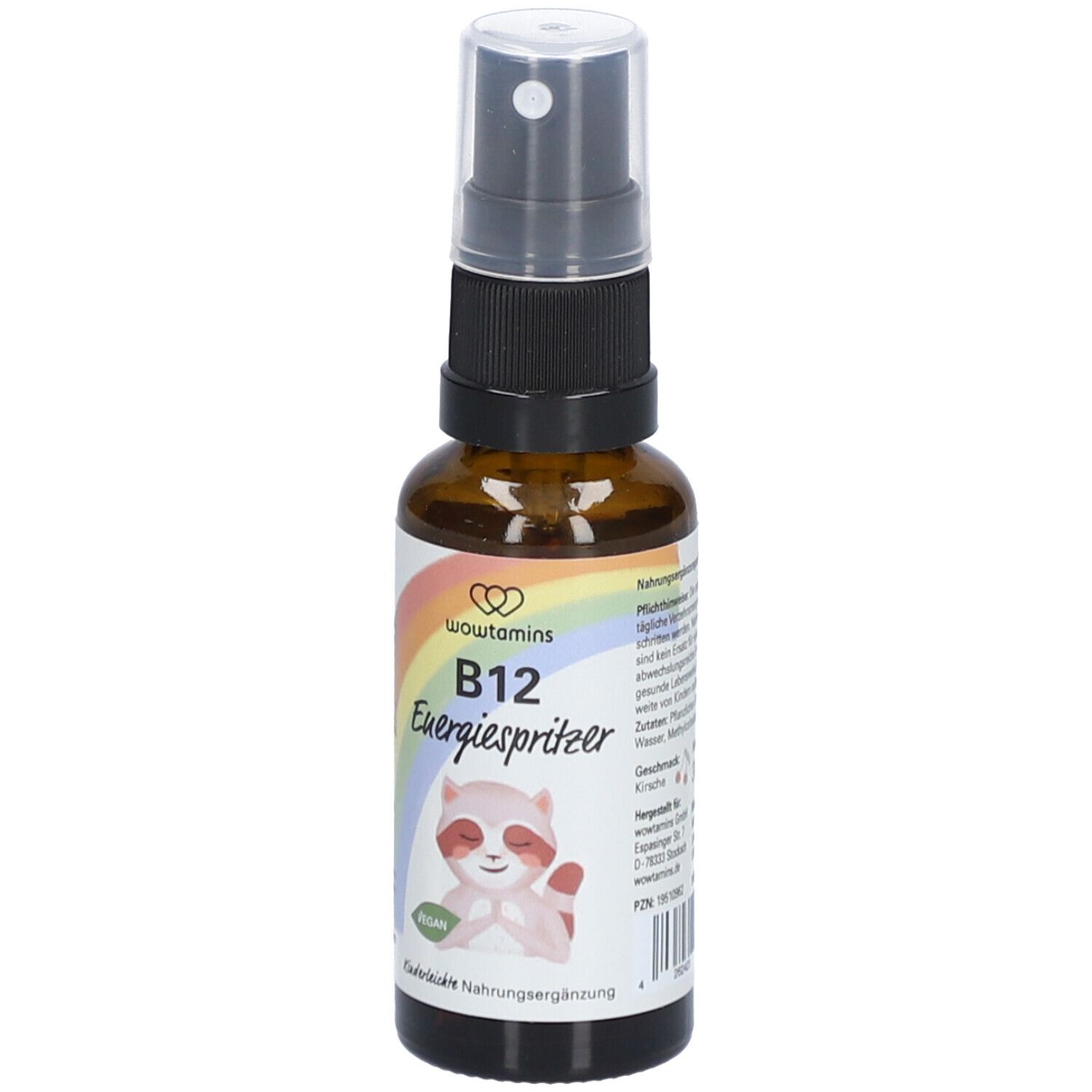 Flacon en verre brun avec vaporisateur. Étiquette avec arc-en-ciel, raton laveur, "B12 Energiespiritzer" et "vegan".